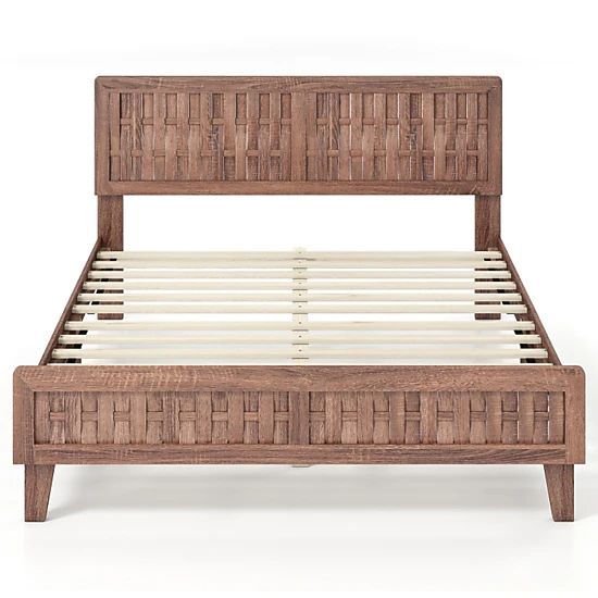 SUGIFT Mid Century Queen Size Bed Frame Woven Headboard 700-Lb Capacity 85-in Long Platform 80 x 61-in Bed Surface