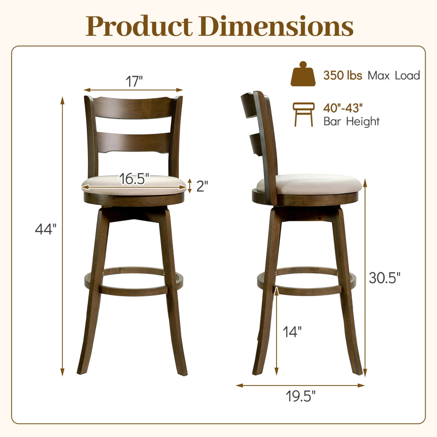 Glintex 2-Piece 30.5-Inch Swivel Bar Stool Set with 350-Lb Capacity, Ash Wood + Sand