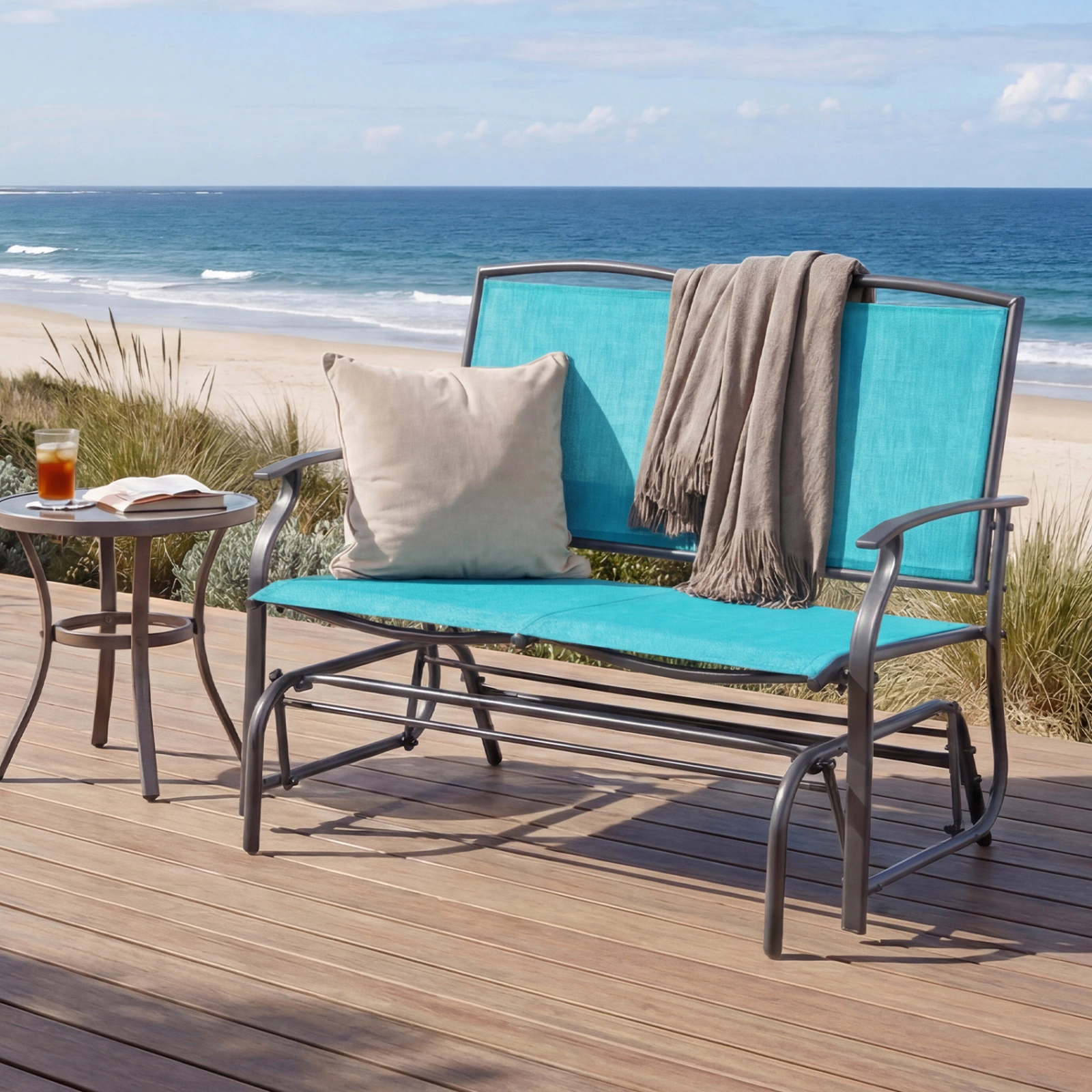 SUGIFT Turquoise 2-Person Steel Outdoor Patio Rocking Loveseat with Textilene Seat and Back