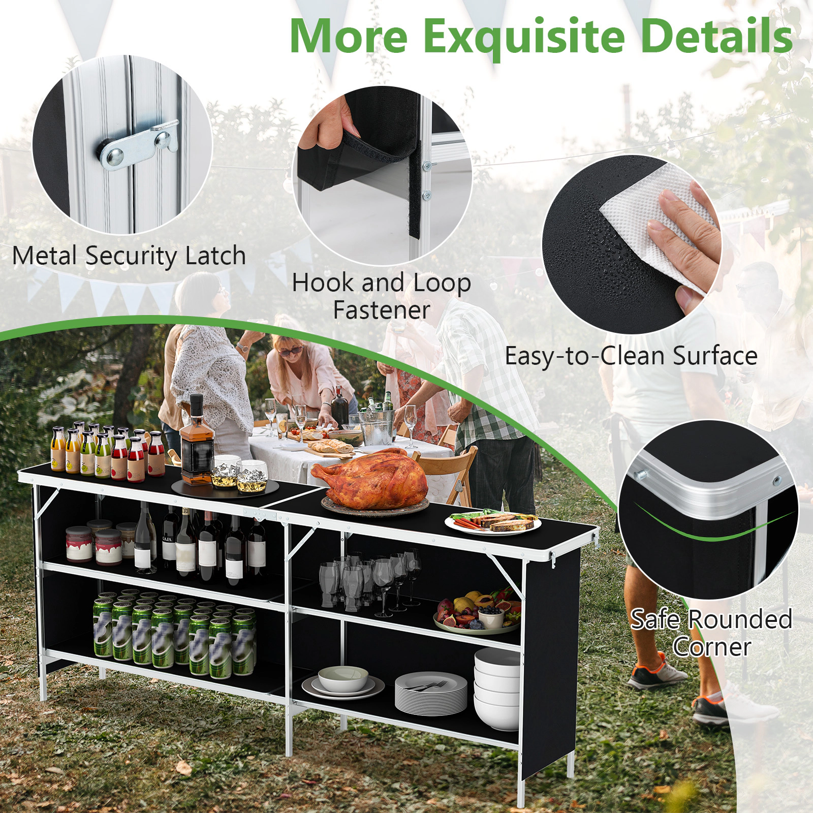 SUGIFT 81-in Aluminum Picnic Table with 2-Tier Open Shelves 132-lb Tabletop Capacity 33-lb Shelf Capacity Black Coffee