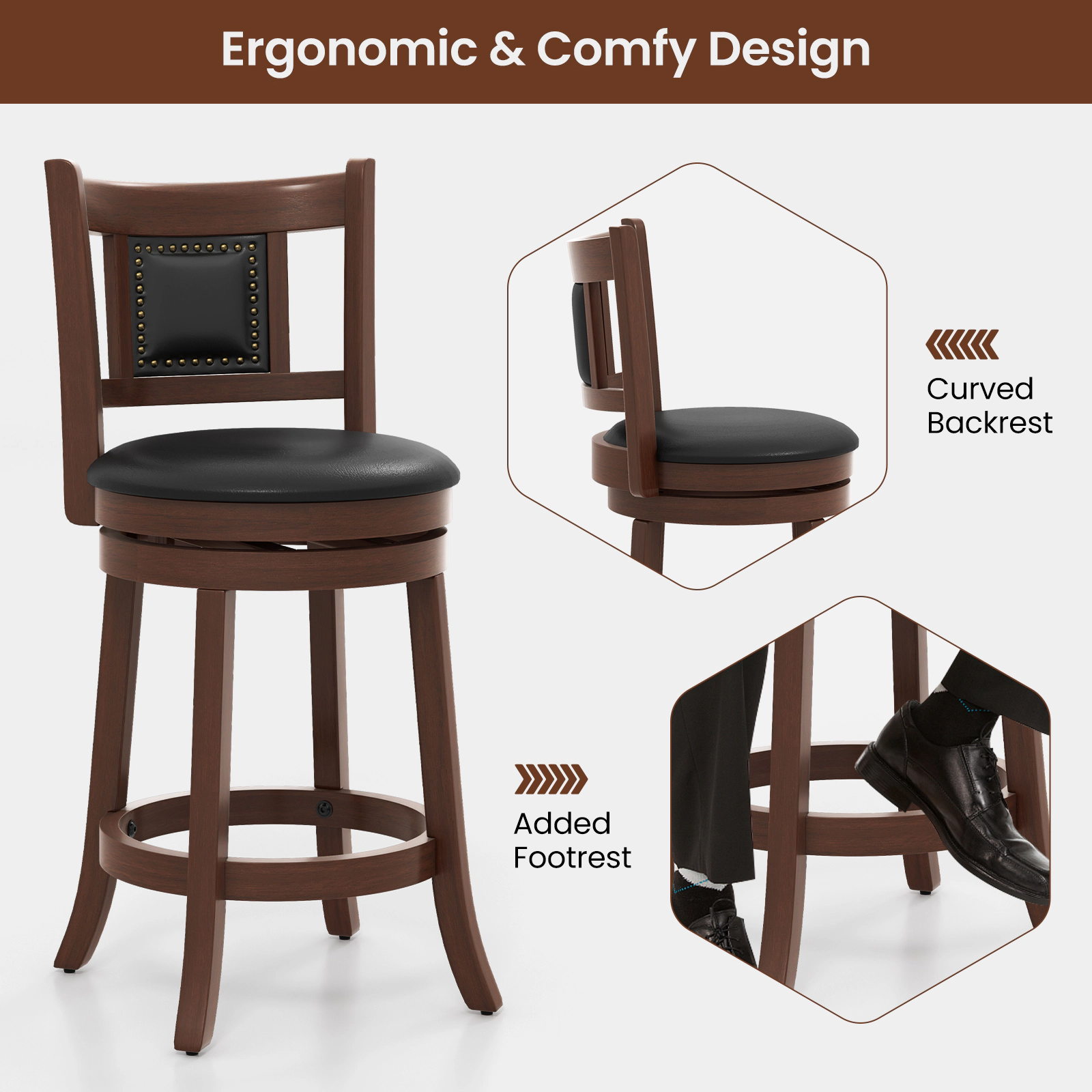 SUGIFT Swivel Upholstered Bar Stools Set of 2 with Curved Backrest and Footrest 250-lb Capacity Espresso & Black