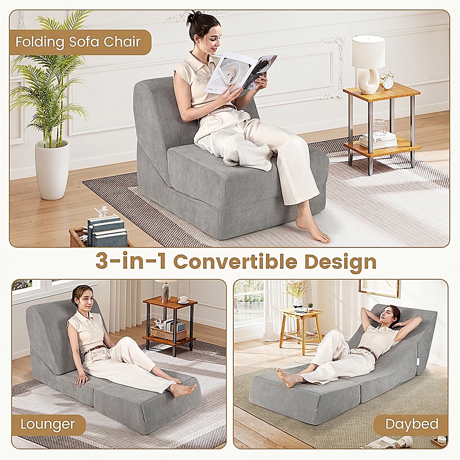 SUGIFT 3-in-1 Folding Sofa Bed with Washable Zippered Cover 330-lb Capacity Gray