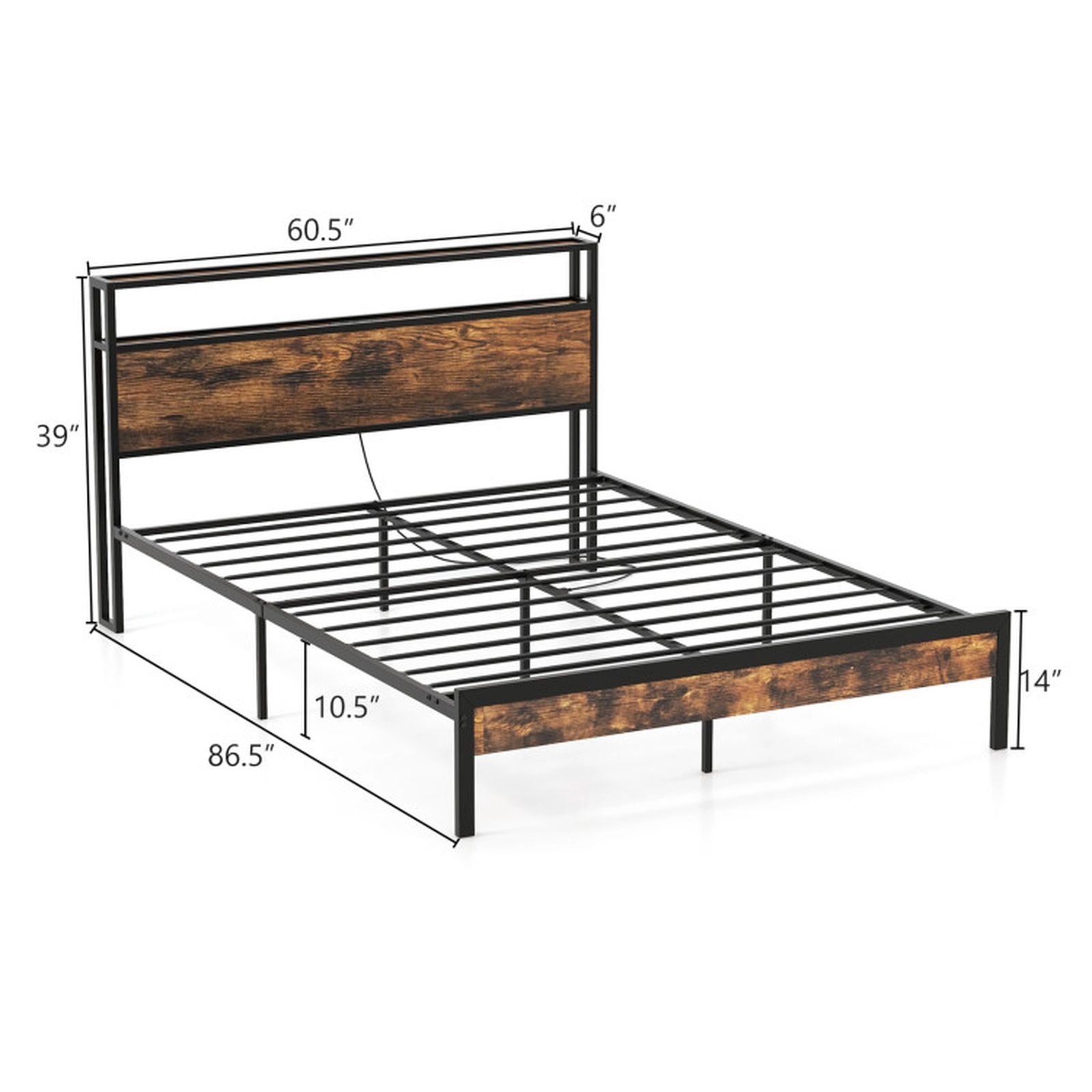 SUGIFT Storage Headboard Bed Frame with Charging Station 1000-Lb Capacity Queen Rustic Brown + Black