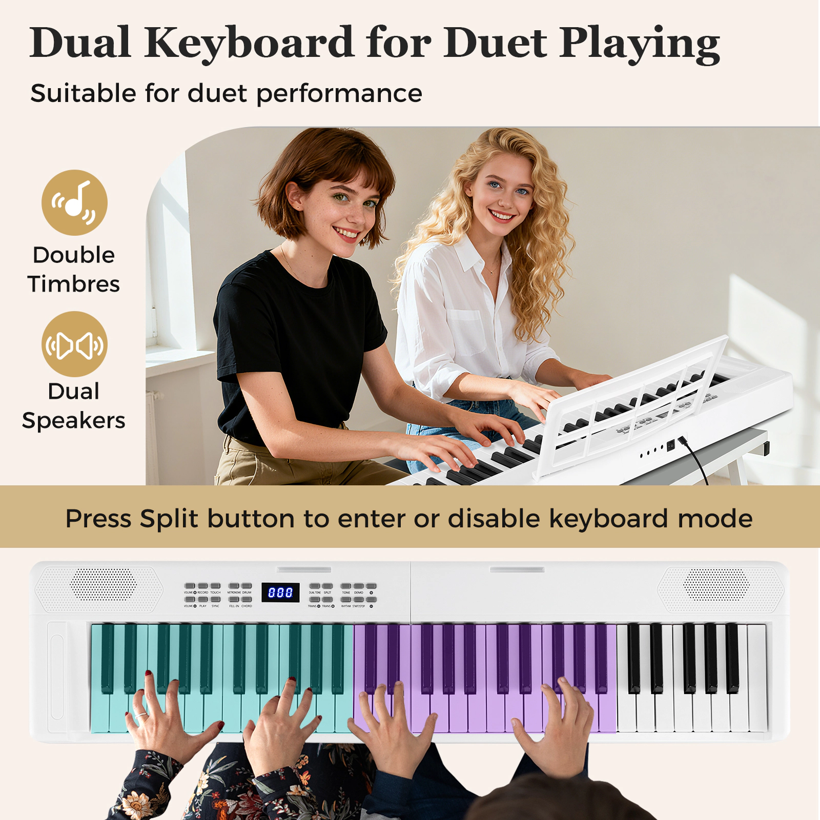 SUGIFT White 61-Key Foldable Piano Keyboard with Split Mode and Touch Response 37-in W 8.5-in D 2.5-in H