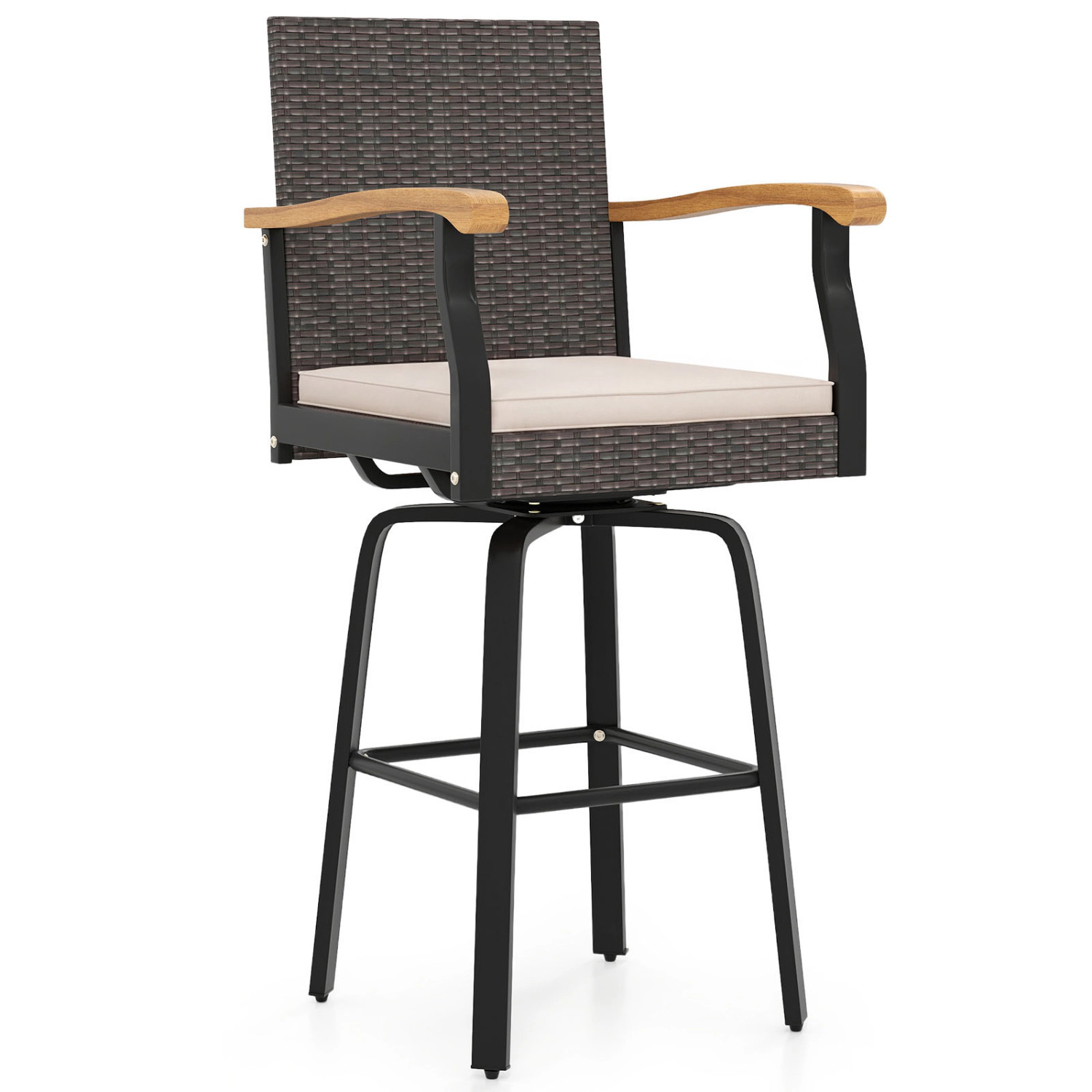 LJG Outdoor 360° Swivel Bar Stool with Cushion and Acacia Wood Armrests-F