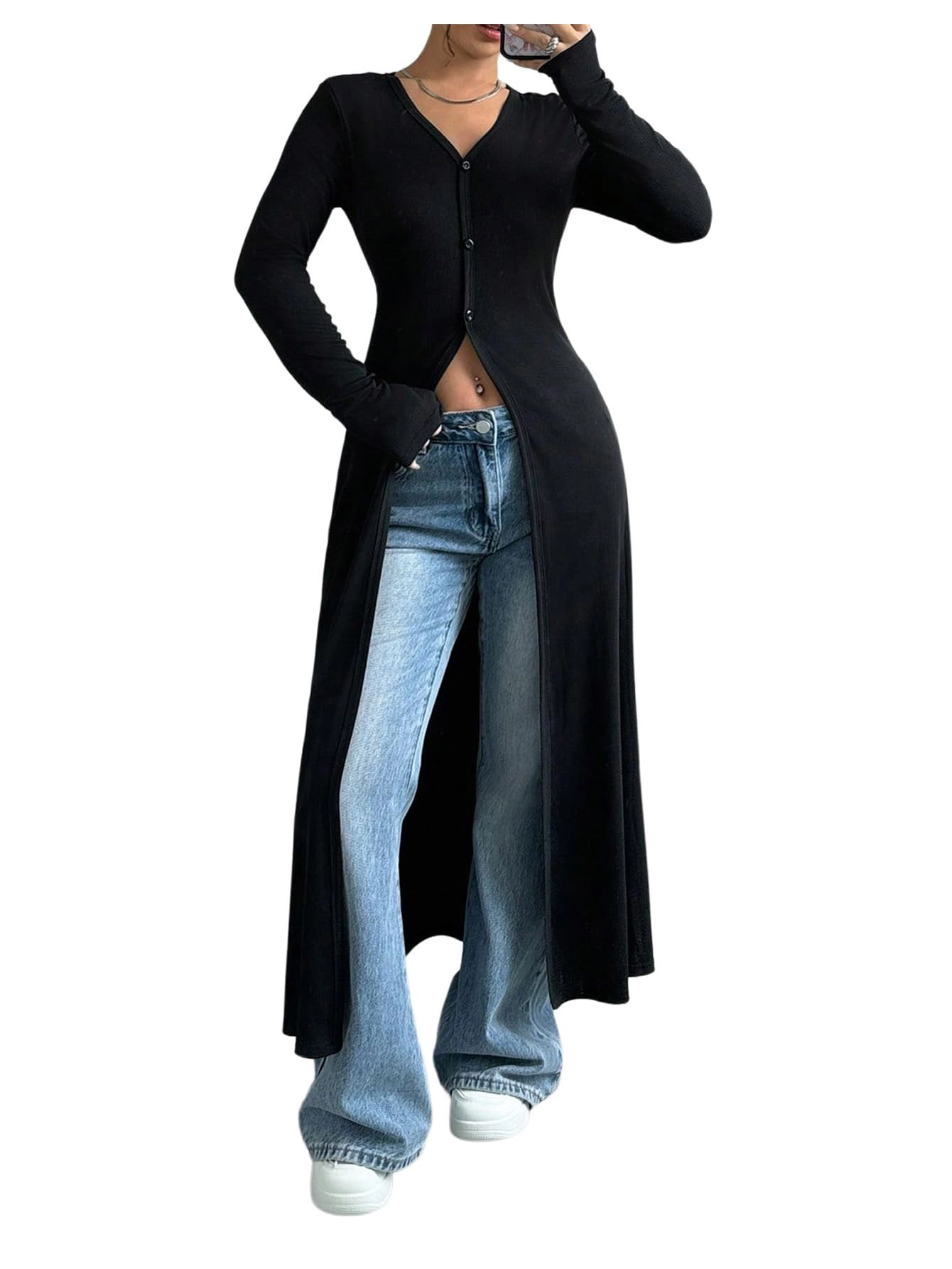 KOJOOIN Women Maxi Duster Cardigan V‑Neck Ribbed Knit Button Front Fitted Long Streetwear Outerwear