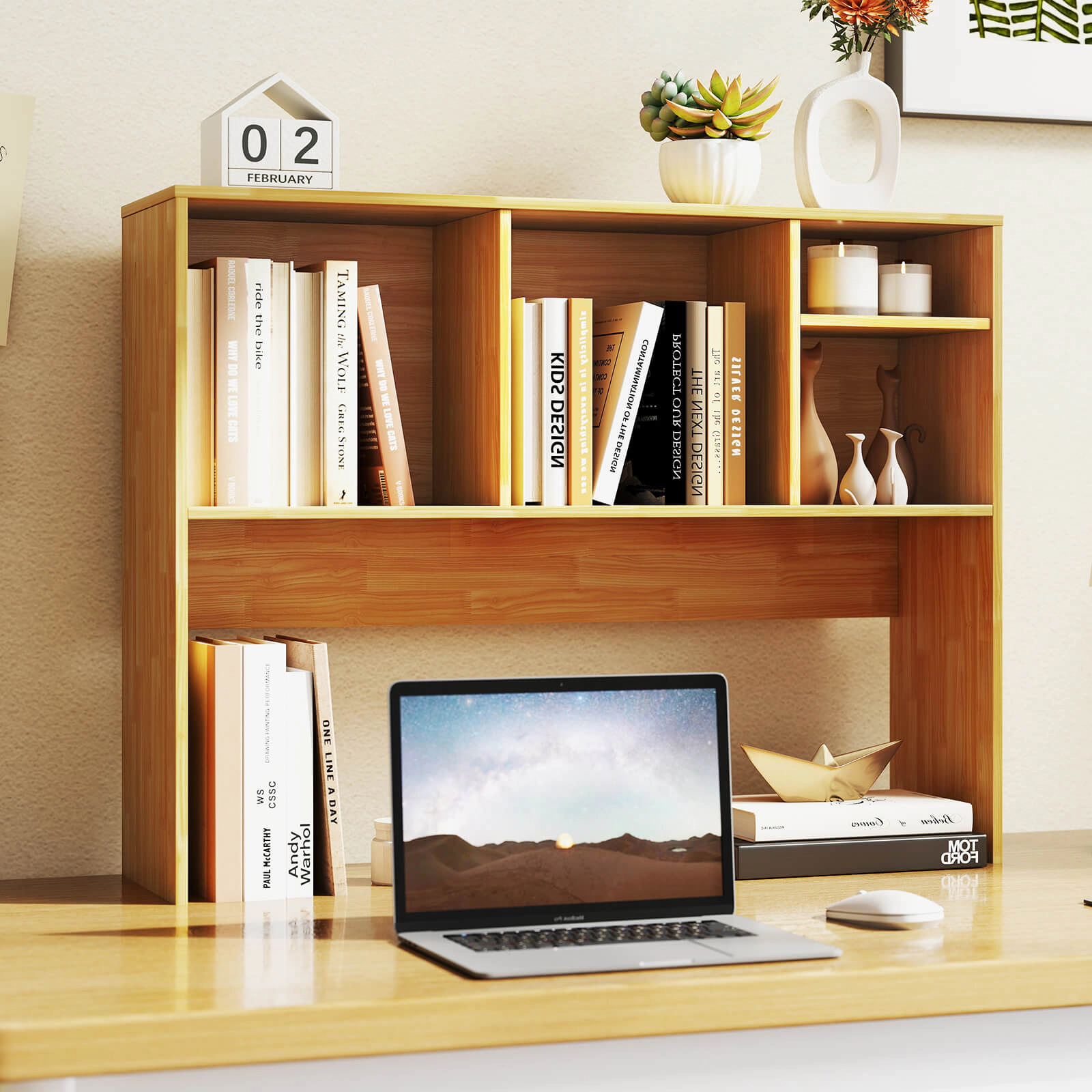 Costway Computer Desktop Bookcase Countertop Storage Bookshelf Organizer with 4 Cubbies Walnut