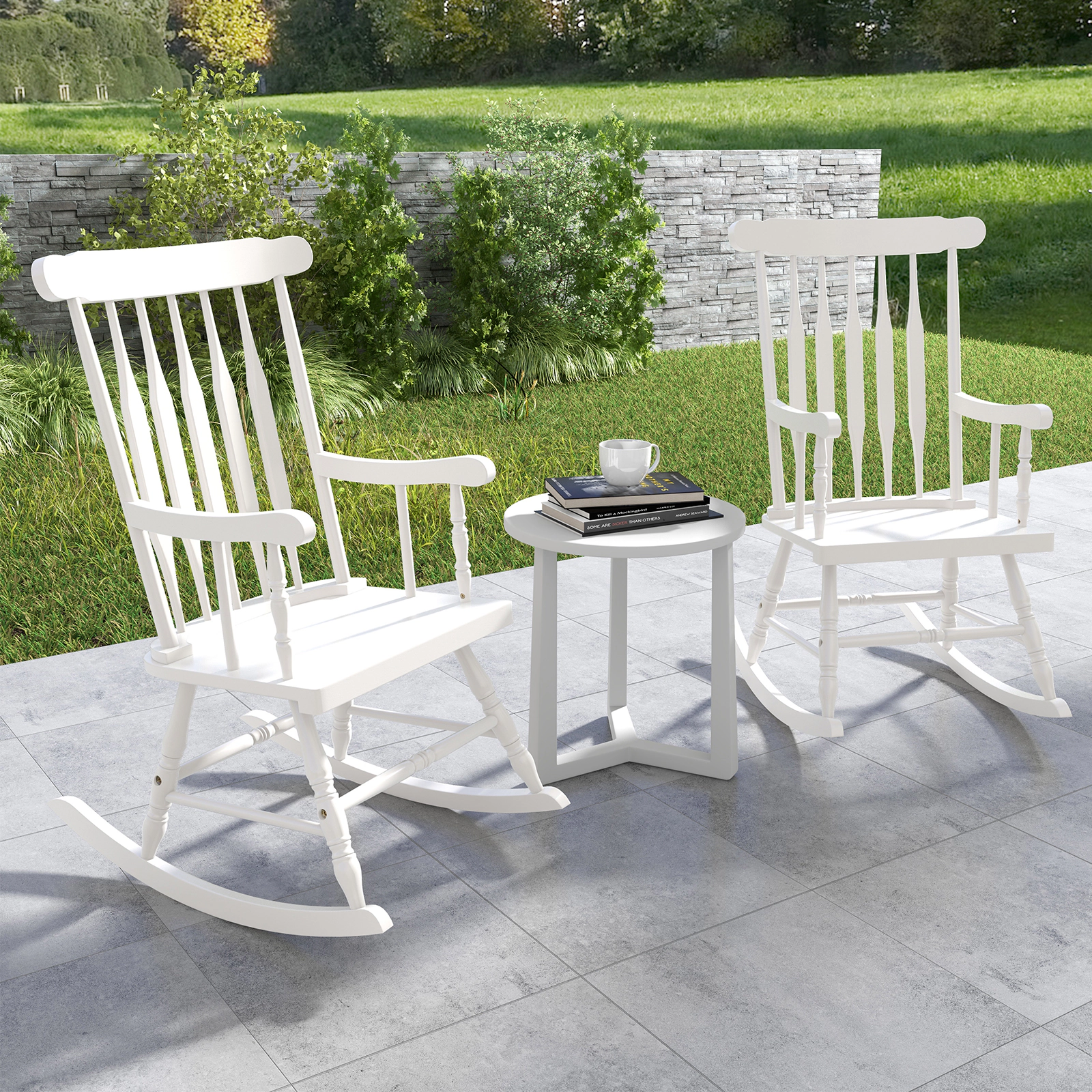 SUGIFT White Solid Rubber Wood Rocking Chair, 300 lb Capacity