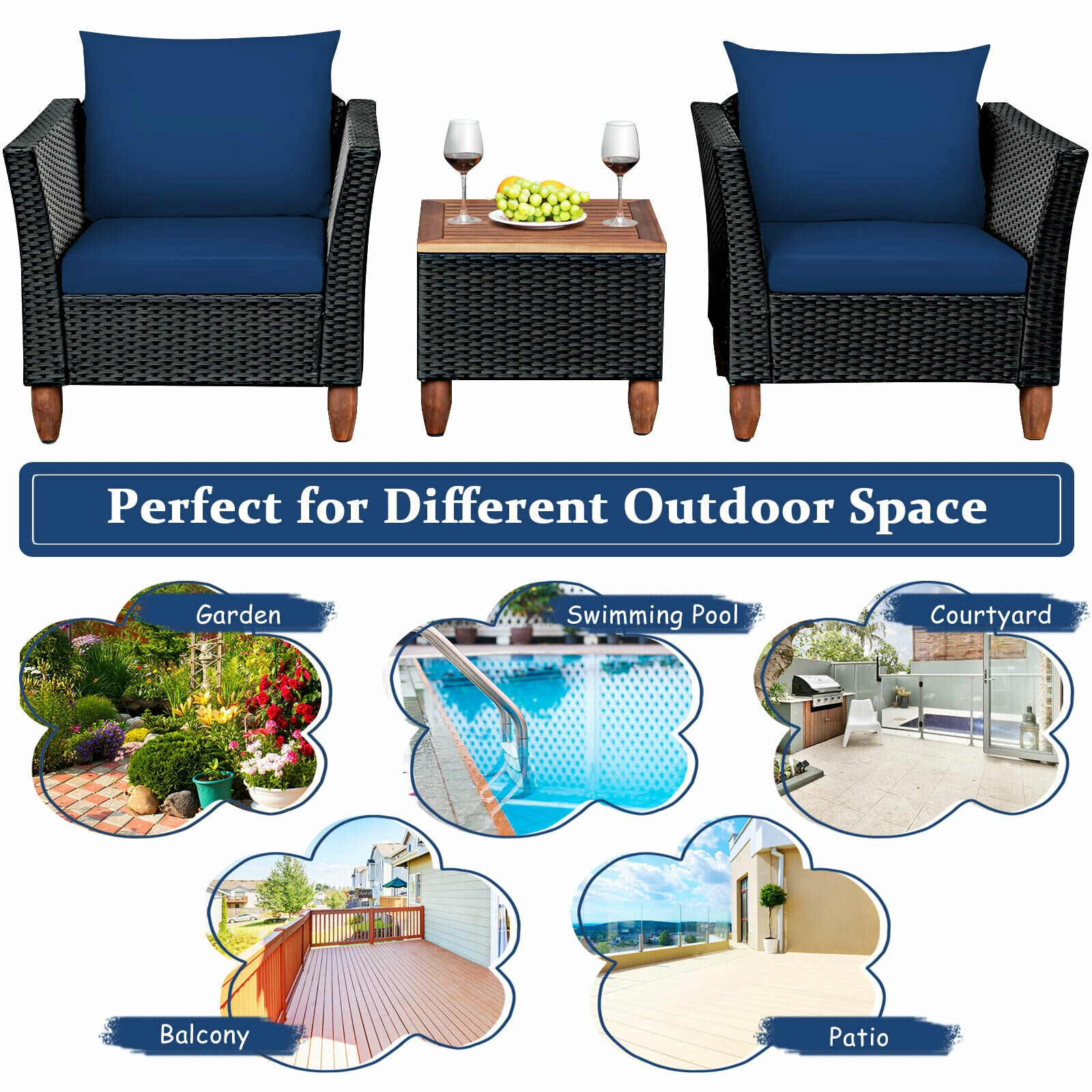 SUGIFT Outdoor Rattan Conversation Set with Acacia Wood Table 400-Lb Chair Capacity Navy