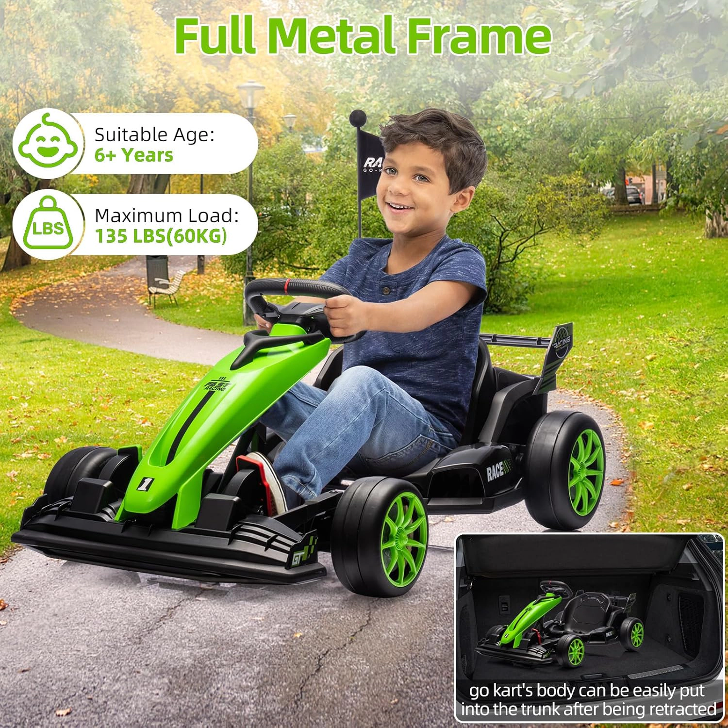 24V Kids Electric Go Kart, 7.5MPH Variable Drift Racing Car w/ 2×200W Motors, Adjustable Legroom, Power Display