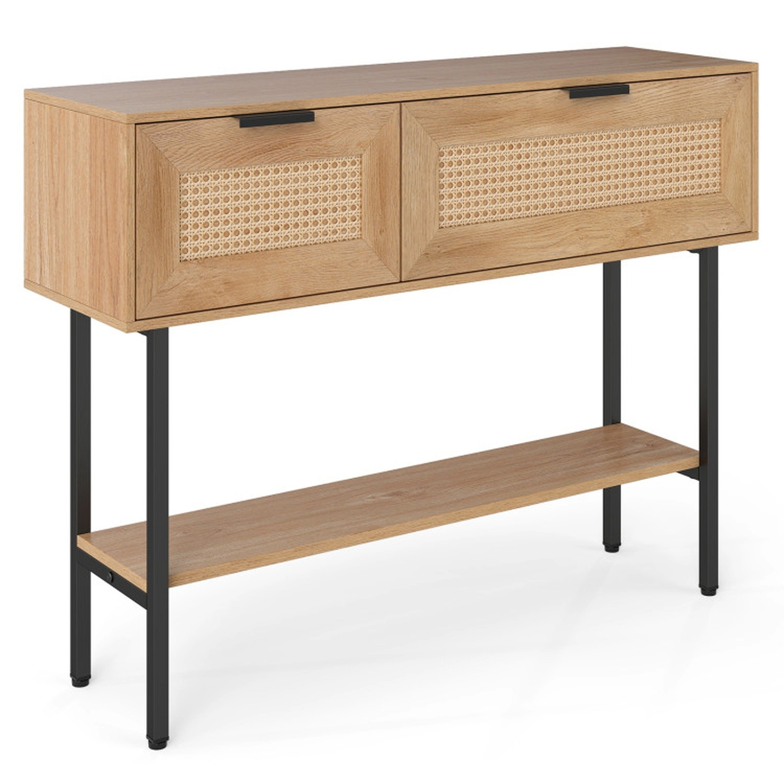 SUGIFT Rattan Console Table with 2 Storage Cabinets and Open Shelf 90-lb Top Capacity Black & Natural