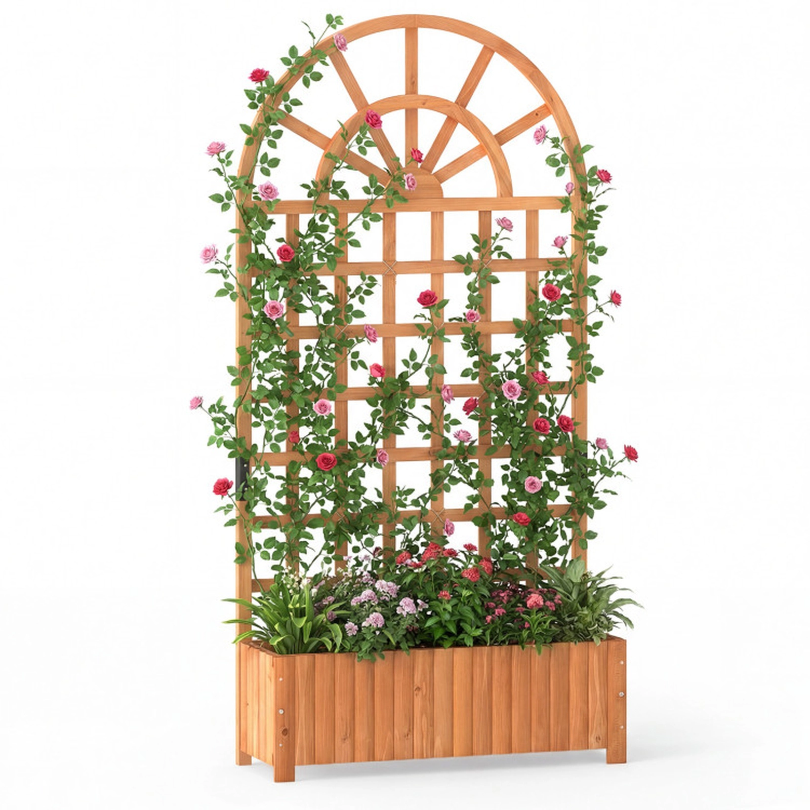 SUGIFT Brown Wood Raised Garden Bed with 71-in Lattice Trellis Privacy Screen 36-in W 12-in D 88-lb Box Capacity