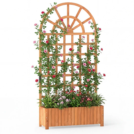 SUGIFT Brown Wood Raised Garden Bed with 71-in Lattice Trellis Privacy Screen 36-in W 12-in D 88-lb Box Capacity