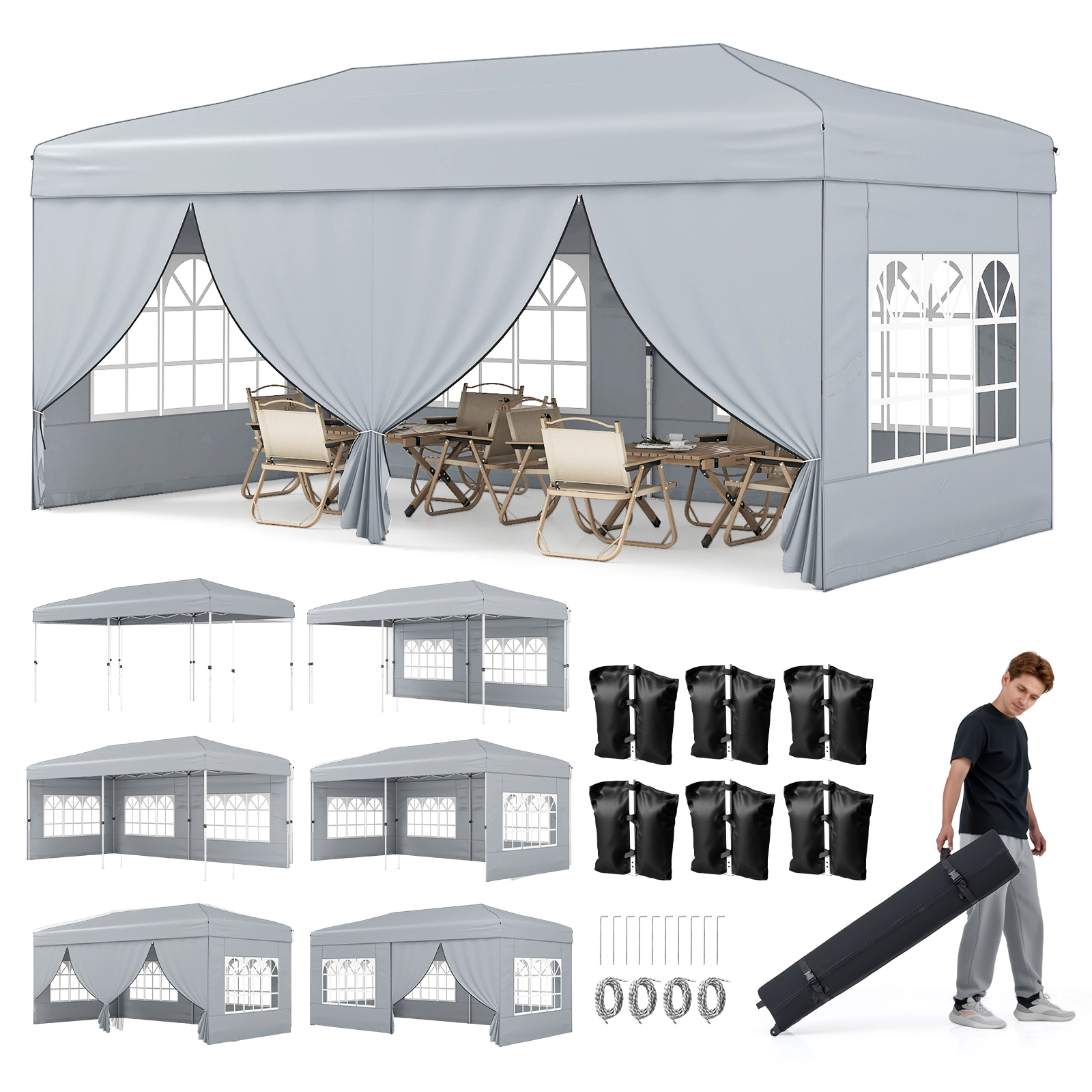 LJG 10 x 20 Feet Pop up Canopy Tent Instant Setup with 6 Sidewalls