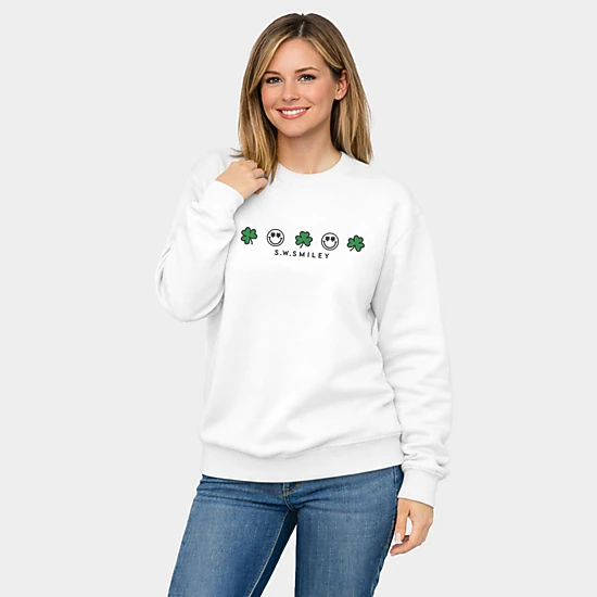 Simply Sage Market - Embroidered S.W. Smiley Clovers Row -  Women's Graphic Sweatshirt