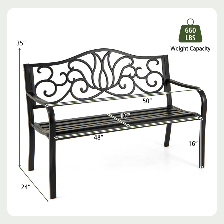 Hivvago 50 Inches Outdoor Garden Bench With Floral Design Backrest And Slatted Seat