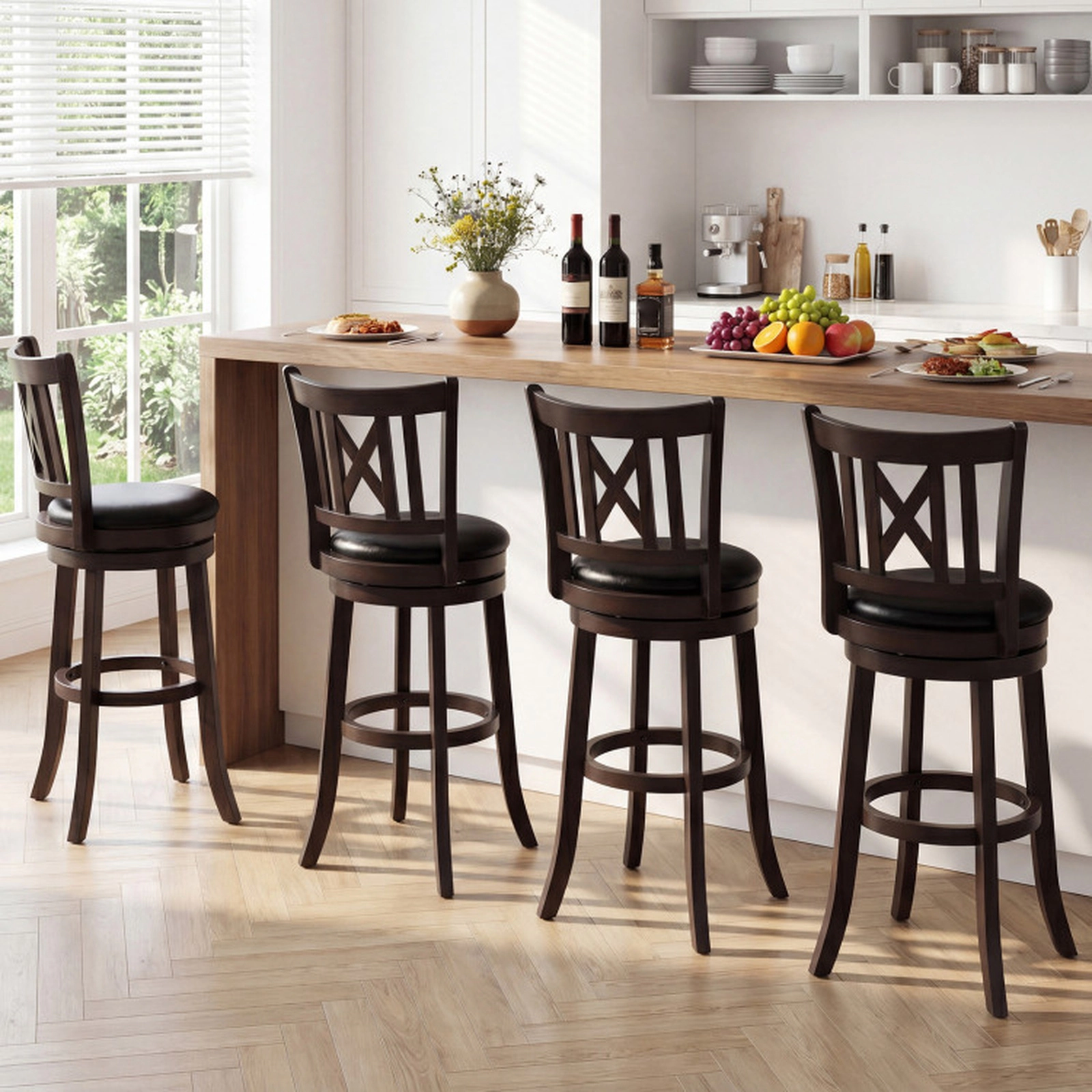 SUGIFT Dark Chocolate Hollowed Backrest and Footrest Set of 4 Swivel Bar Stools