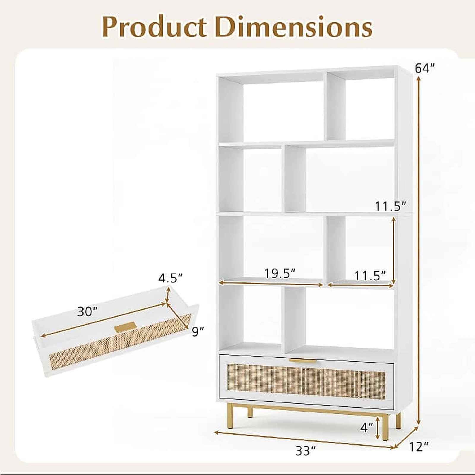 SUGIFT 6-Tier White 64-in Tall Boho Rattan Bookshelf with 8 Open Cubes Storage Drawer and Metal Legs
