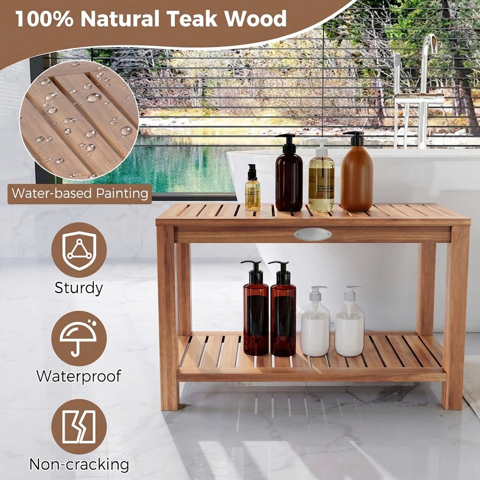 SUGIFT 2-Tier Slatted Storage Shelf Solid Teak Wood Shower Bench 30-in x 12.5-in x 18-in 330-lb Capacity Natural