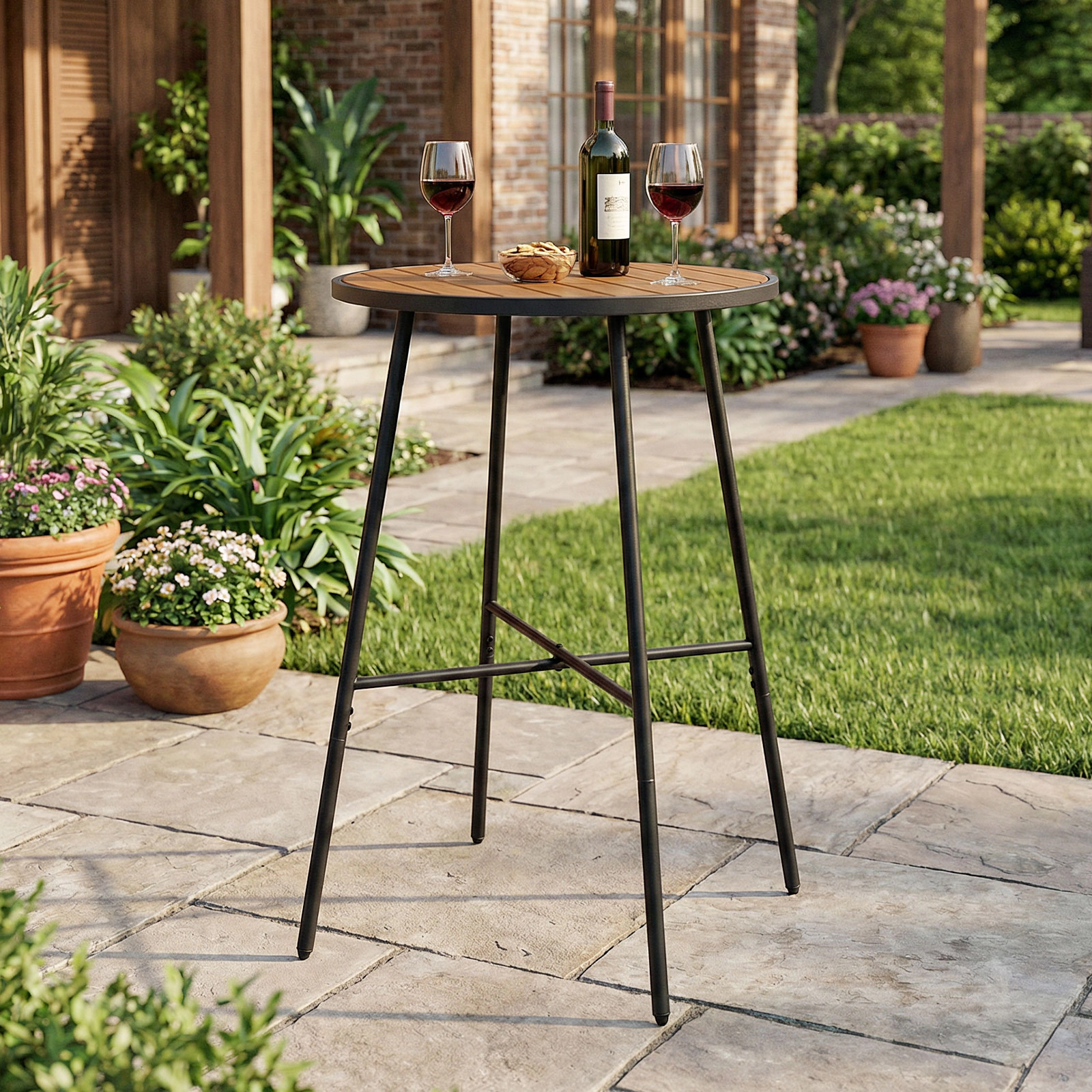 SUGIFT Outdoor Round Bar Table 41-in Tall with Acacia Wood Top and Metal Frame 180-lb Capacity Natural and Black
