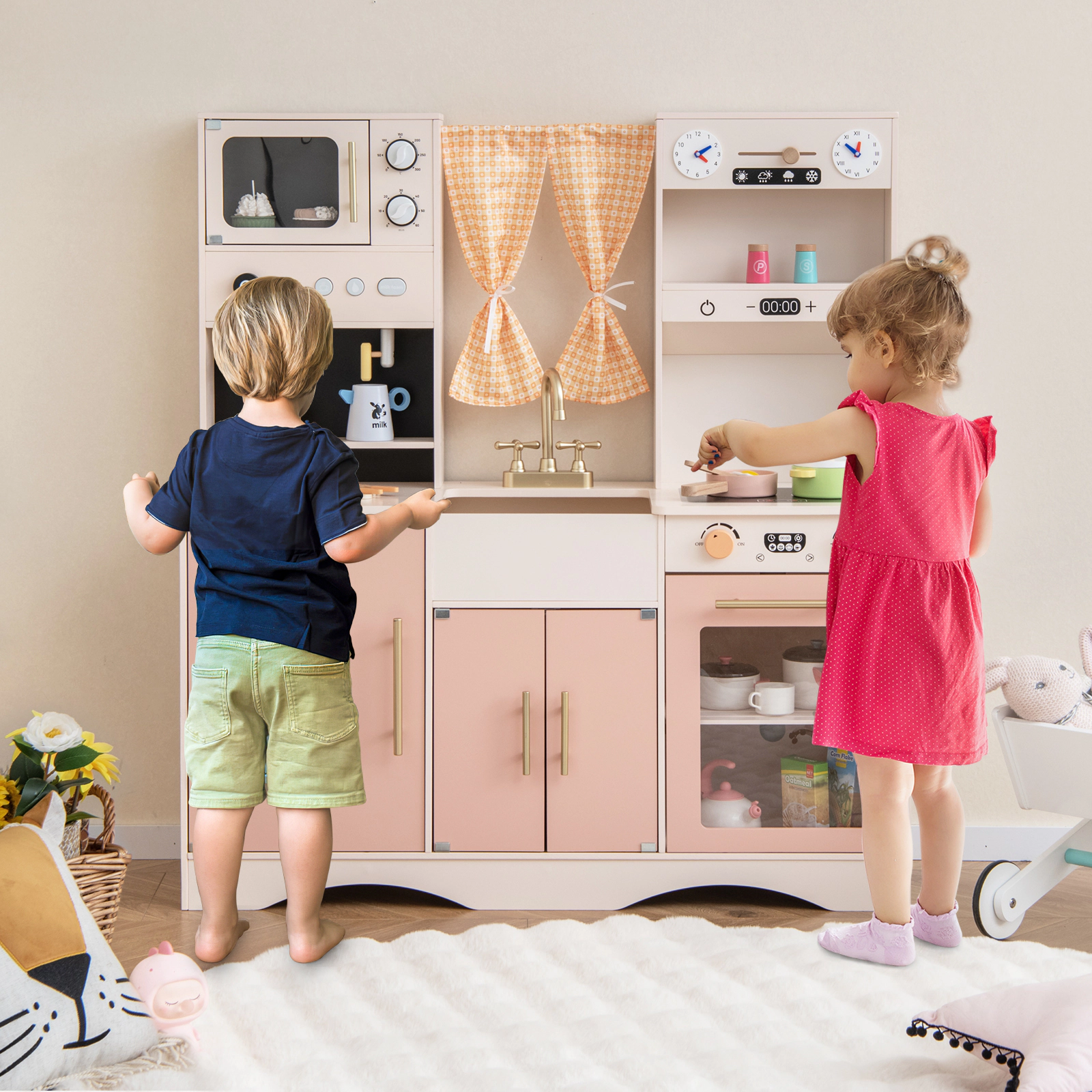 SUGIFT Kids Kitchen Playset with Microwave, Coffee Maker, Ice Maker and Oven Ages 3+ 36-in Tall Pink/White