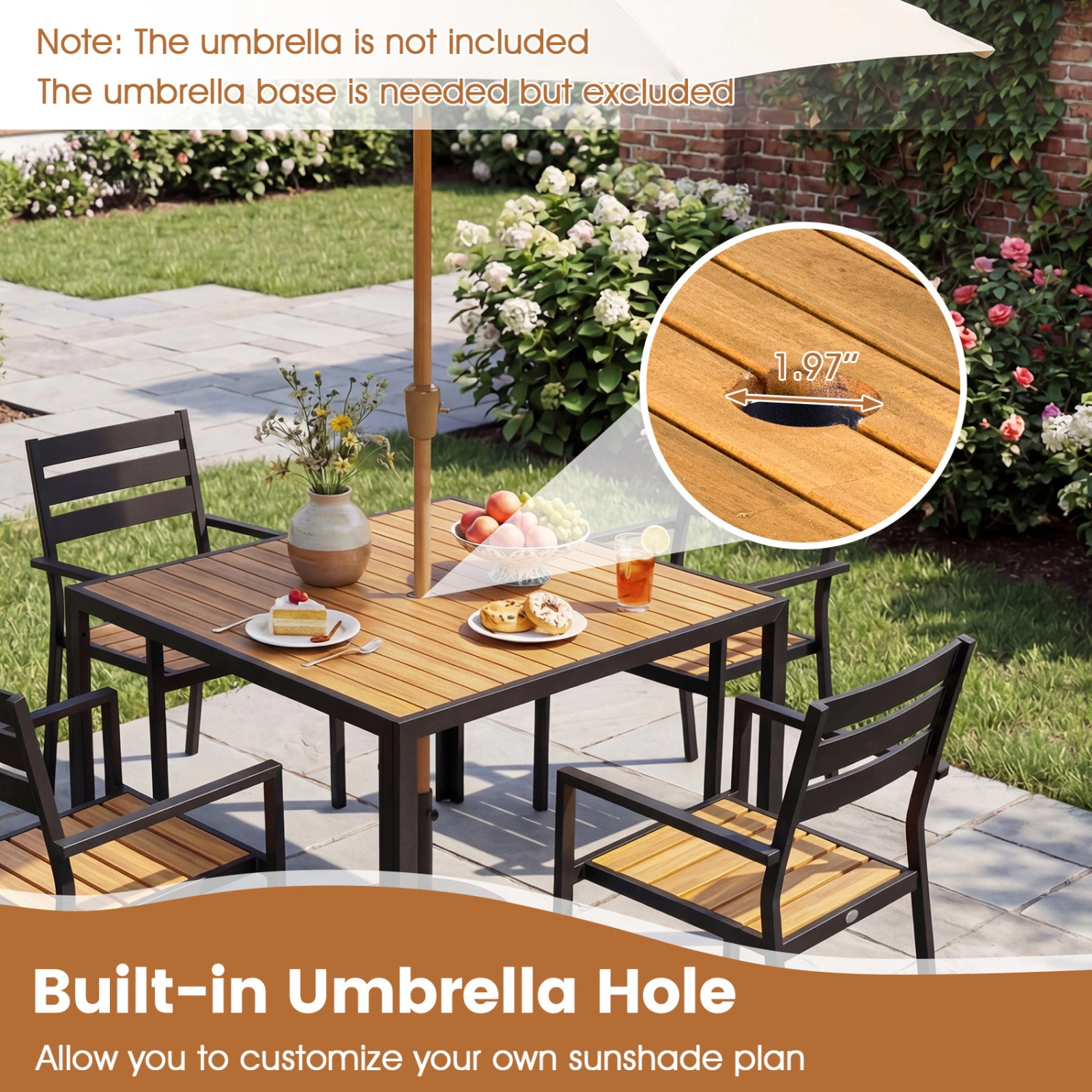 SUGIFT 36-in Square Acacia Wood Outdoor Dining Table for 4 with Slatted Top 165-lb Capacity Natural + Black 2-Piece Set
