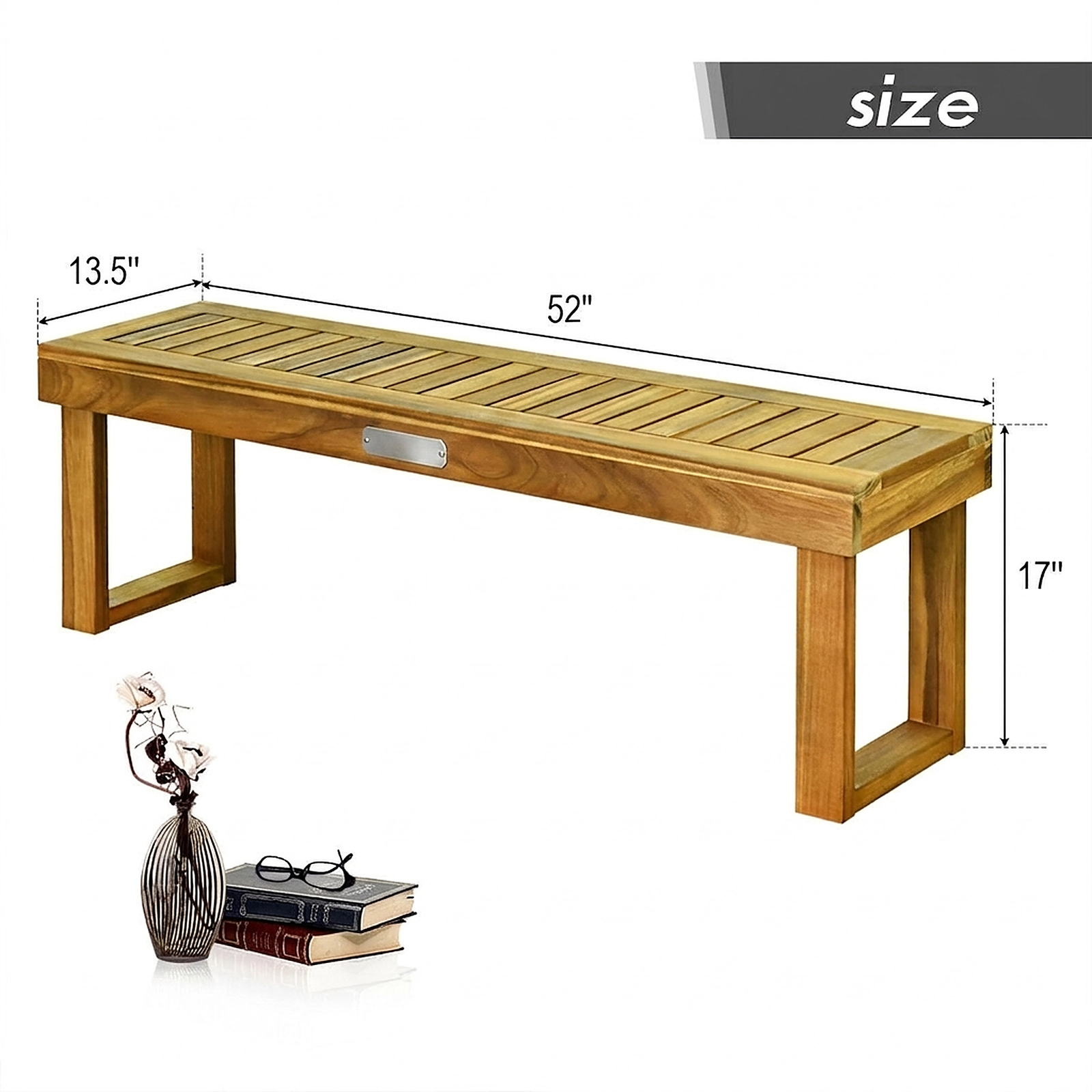 SUGIFT 52 in Acacia Wood Dining Bench Teak Tone with Slatted Seat for Patio and Kitchen