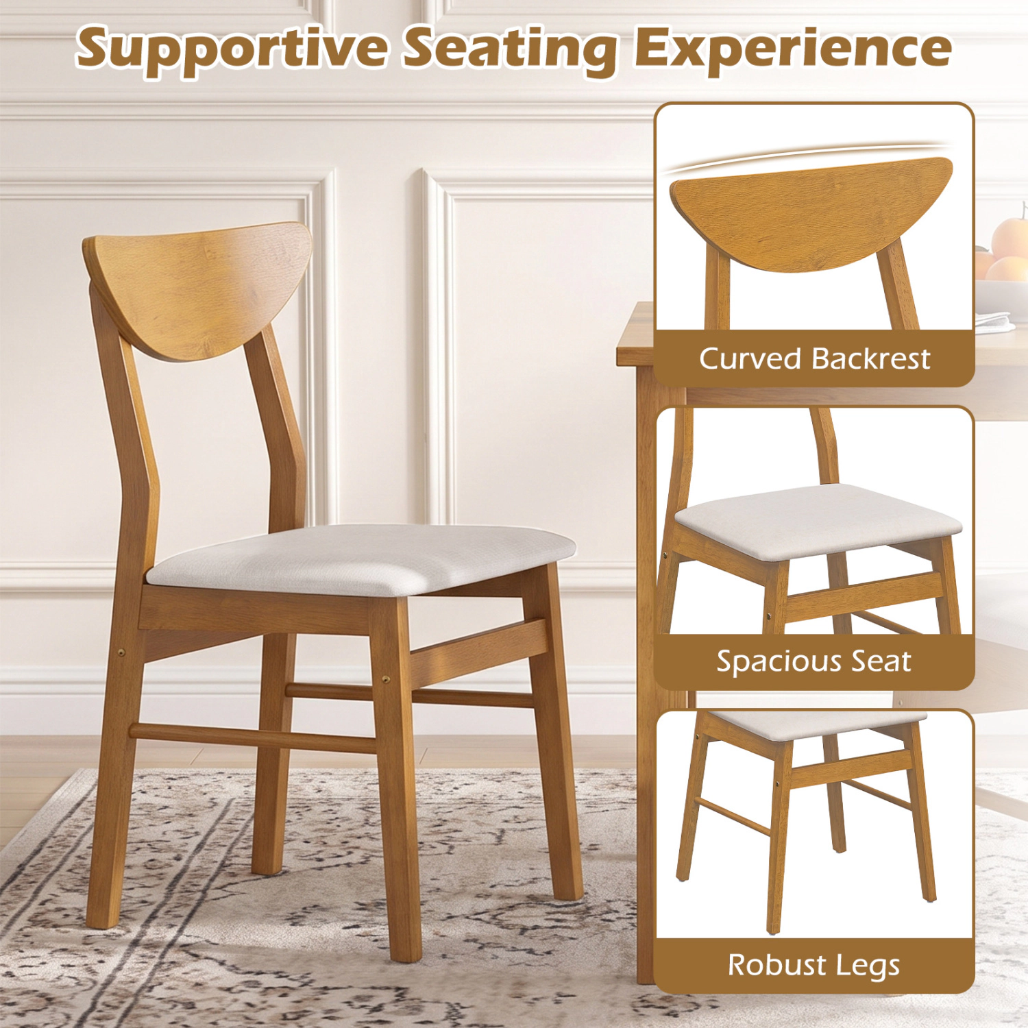 LJG Set of Upholstered Dining Chairs with Curved Backrest and Rubber Wood Frame