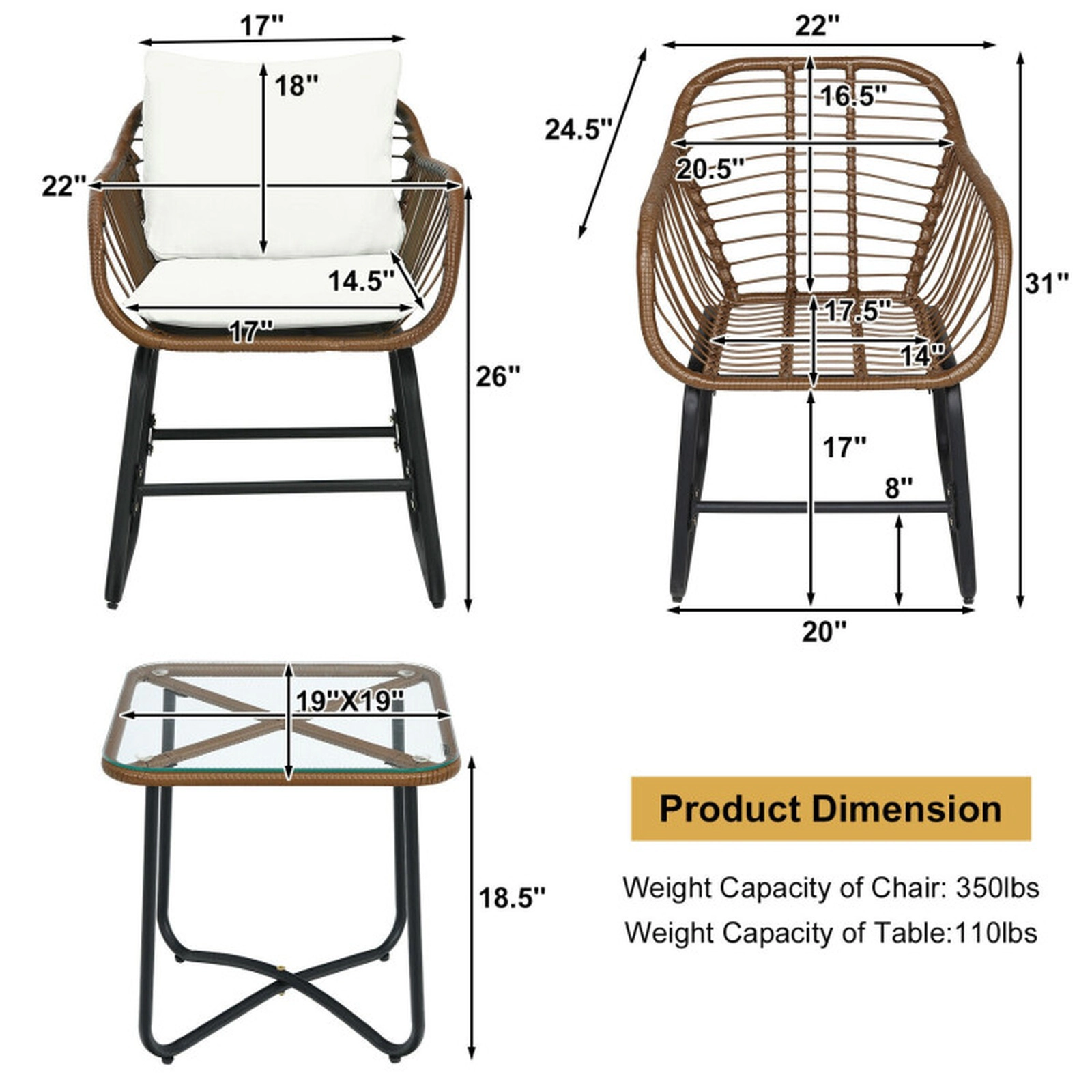 SUGIFT 3-Piece Patio Rattan Bistro Conversation Set with Cushions and Glass Top Table 350-lb Chair Capacity Brown Rattan