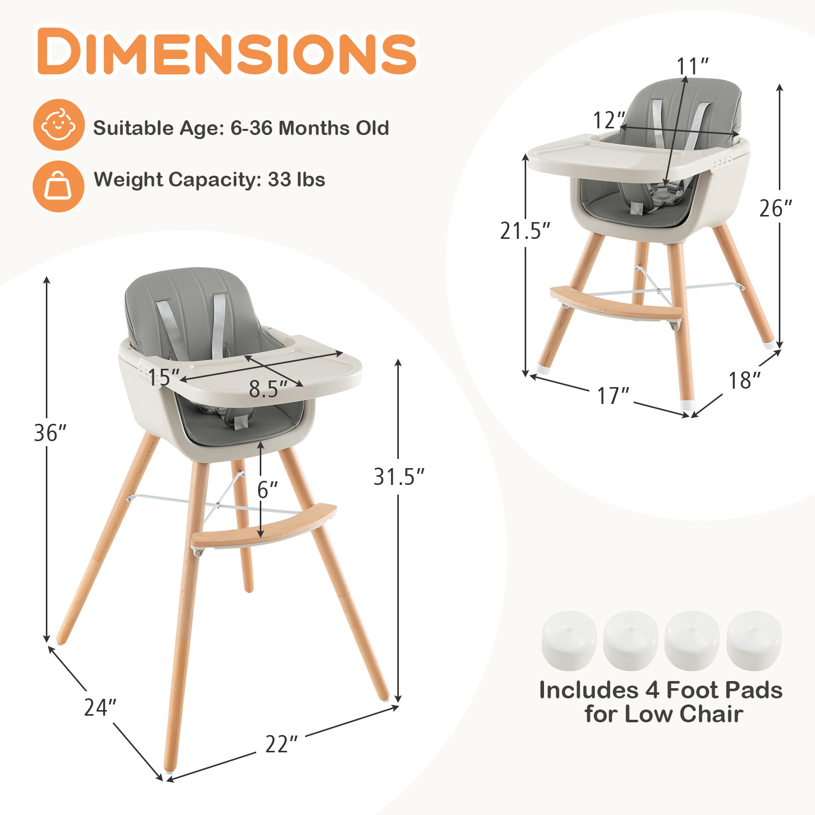 SUGIFT Removable PU Cushion and Tray 3-in-1 Convertible Wooden Baby High Chair