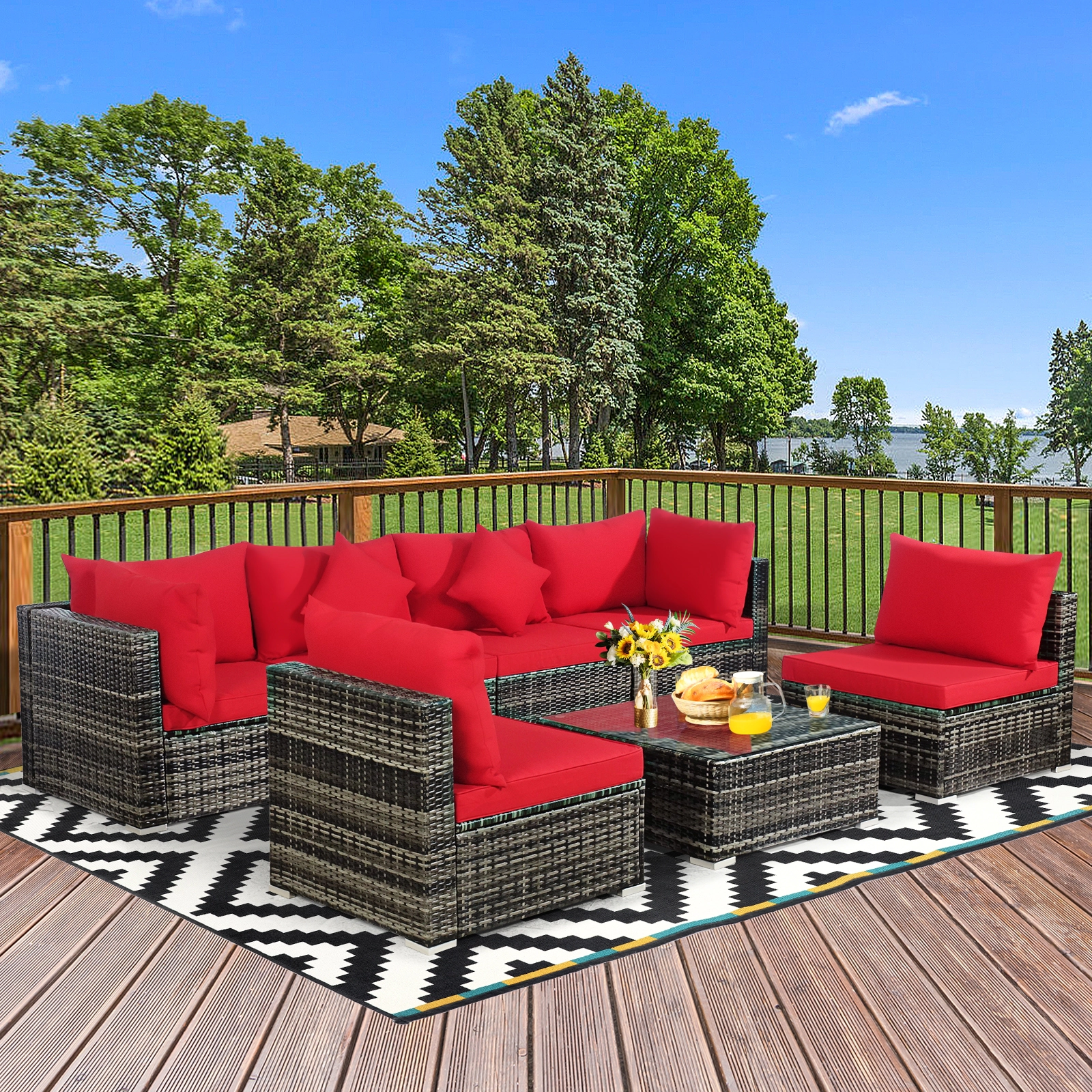 LJG 7 Pieces Patio Rattan Furniture Set Sectional Sofa Garden Cushion