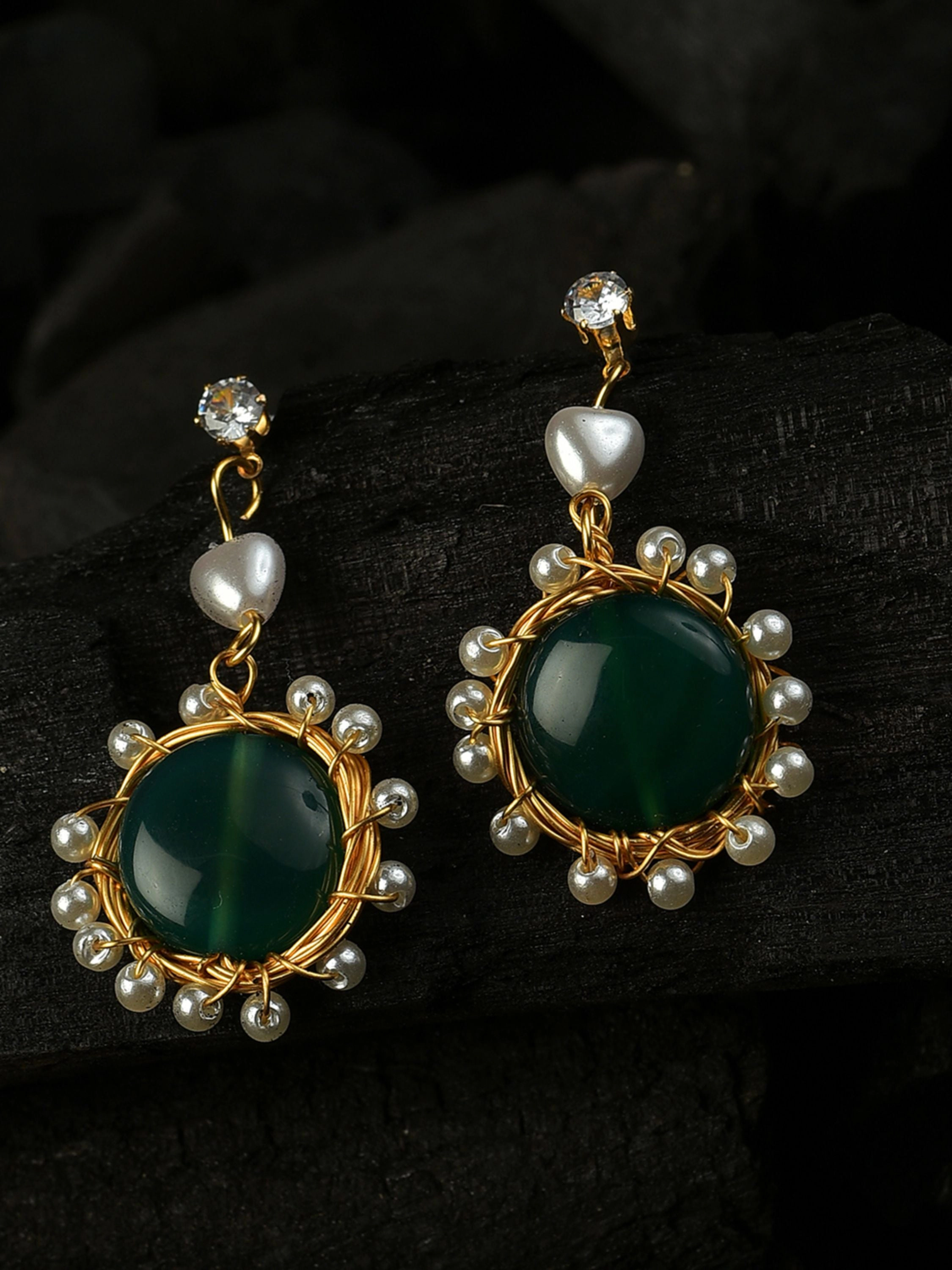 SOHI Women's Green Gold-Toned Pearl Beaded Drop Earring