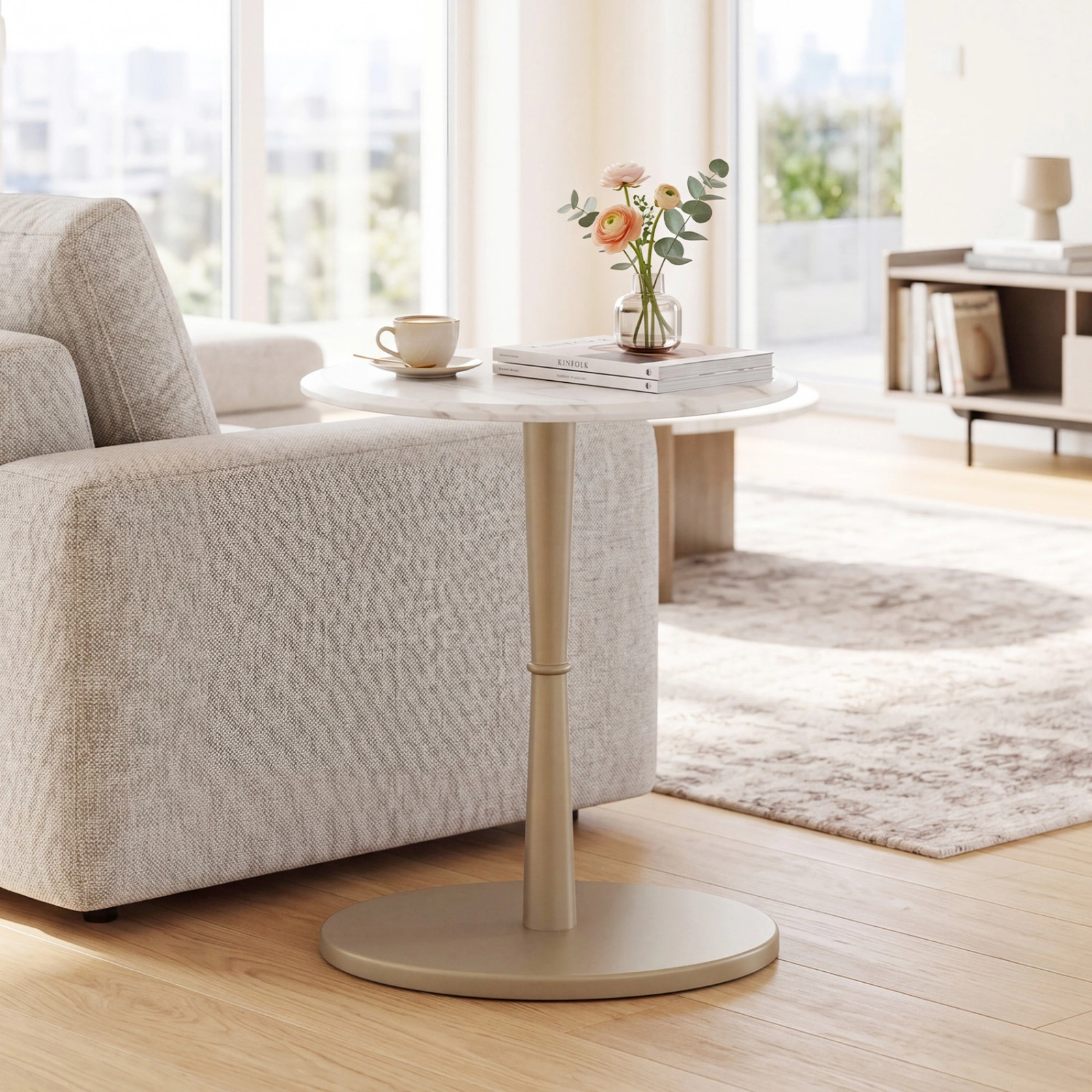 SUGIFT Genuine Marble Round Side Table with Wooden Base 135-lb Capacity 21.5-in Top White and Gold