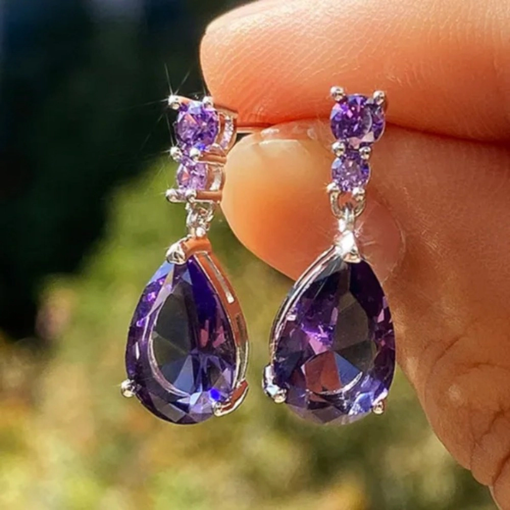 White Gold Plated Waterdrop Purple Cubic Zirconia Dangle Earring