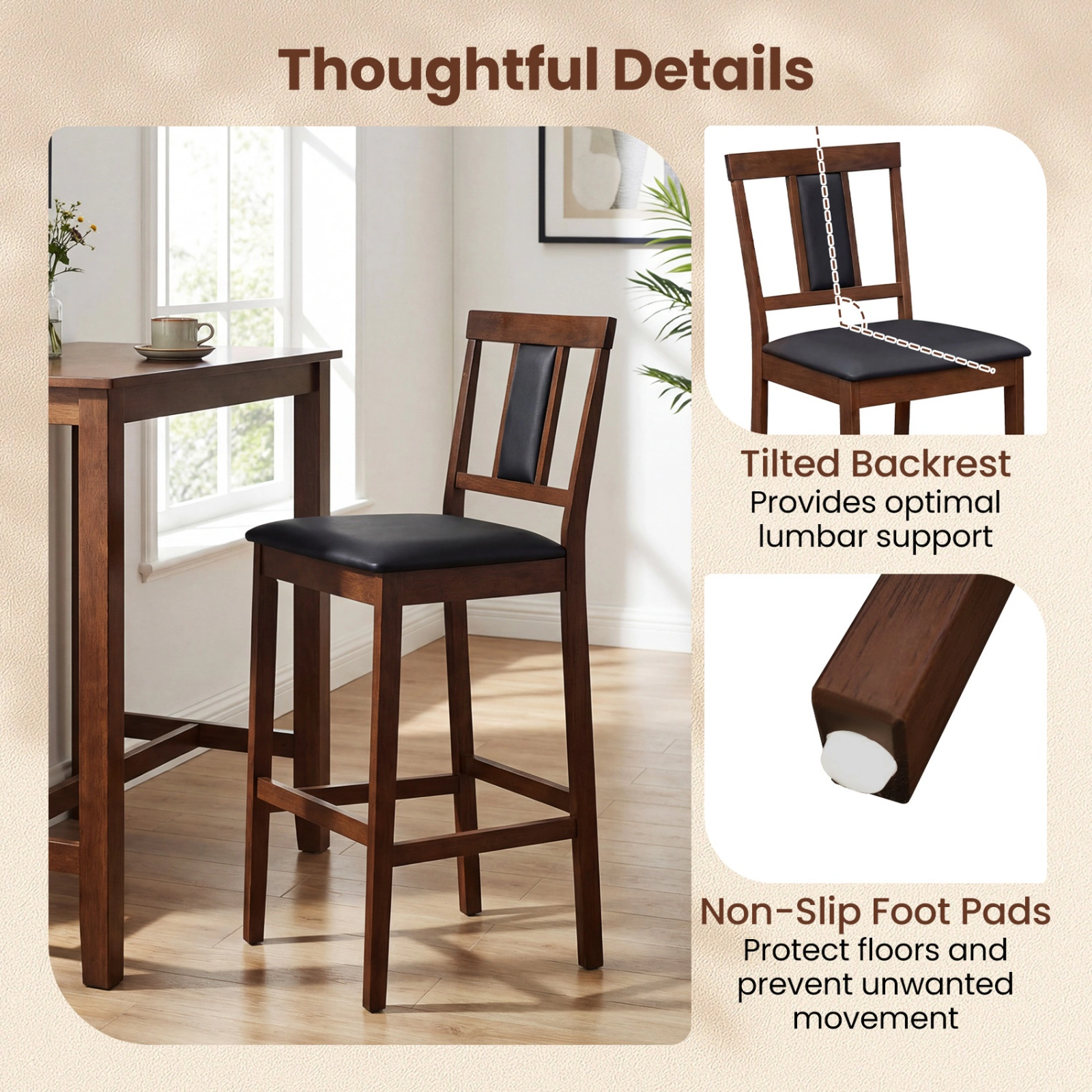 SUGIFT Upholstered Bar Stools 29.5-in Bar Height 300-lb Capacity White + Gray / Walnut + Black Set of 2