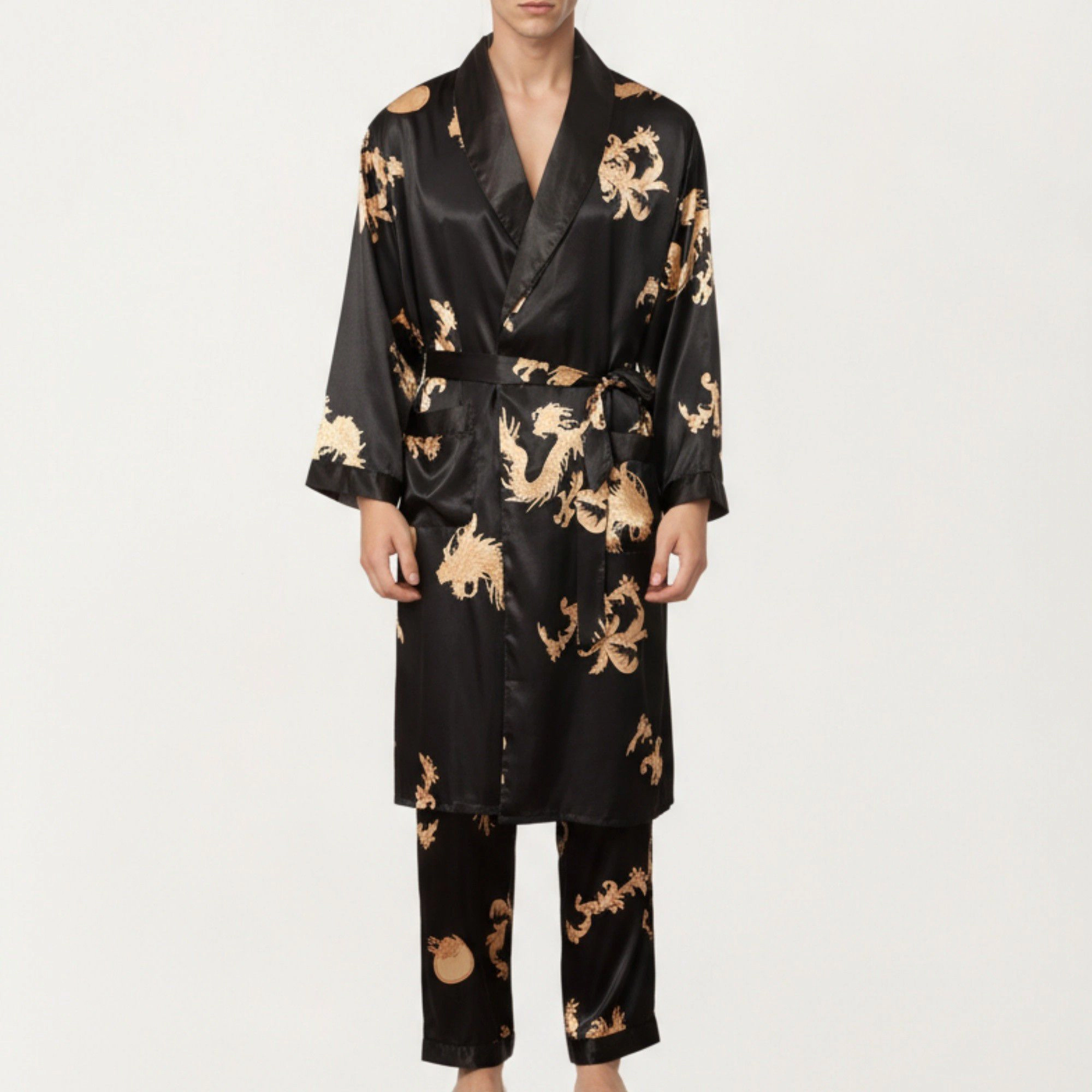 Anna-Kaci Men's 2-Piece Satin Dragon Print Robe and Lounge Pants with Shawl Collar Waist Tie