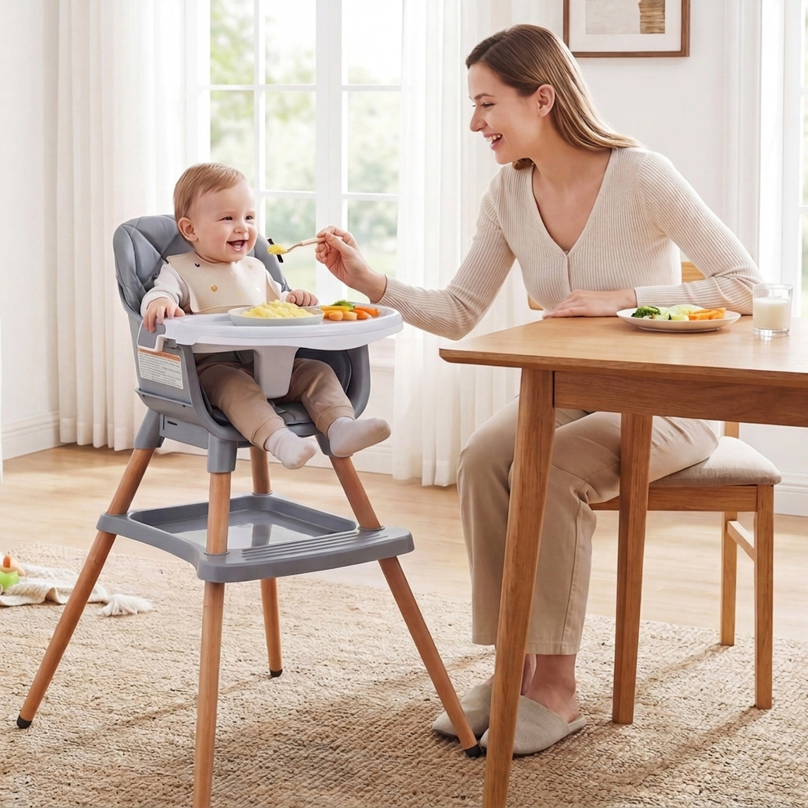 9-in-1 Convertible Beech Wood High Chair for Babies and Toddlers 66-lb Capacity Booster Straps 3-Position Double Tray