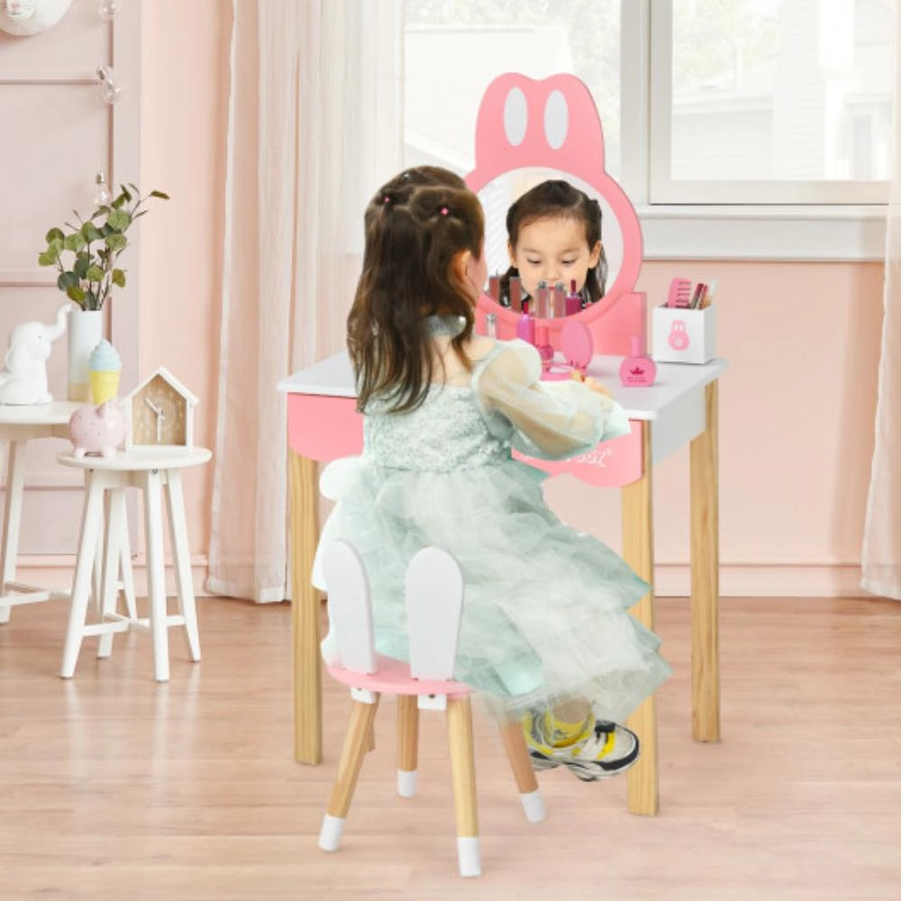 Hivvago Kids Vanity Set Rabbit Makeup Dressing Table Chair Set With Mirror And Drawer