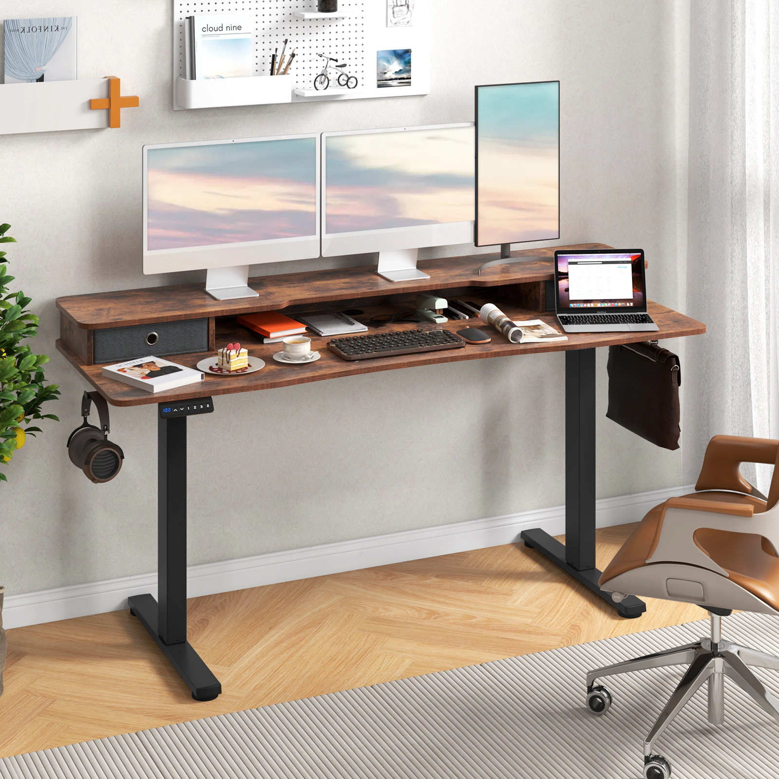 SUGIFT 63 x 24 Inch Electric Standing Desk with 2 Drawers and Monitor Shelf