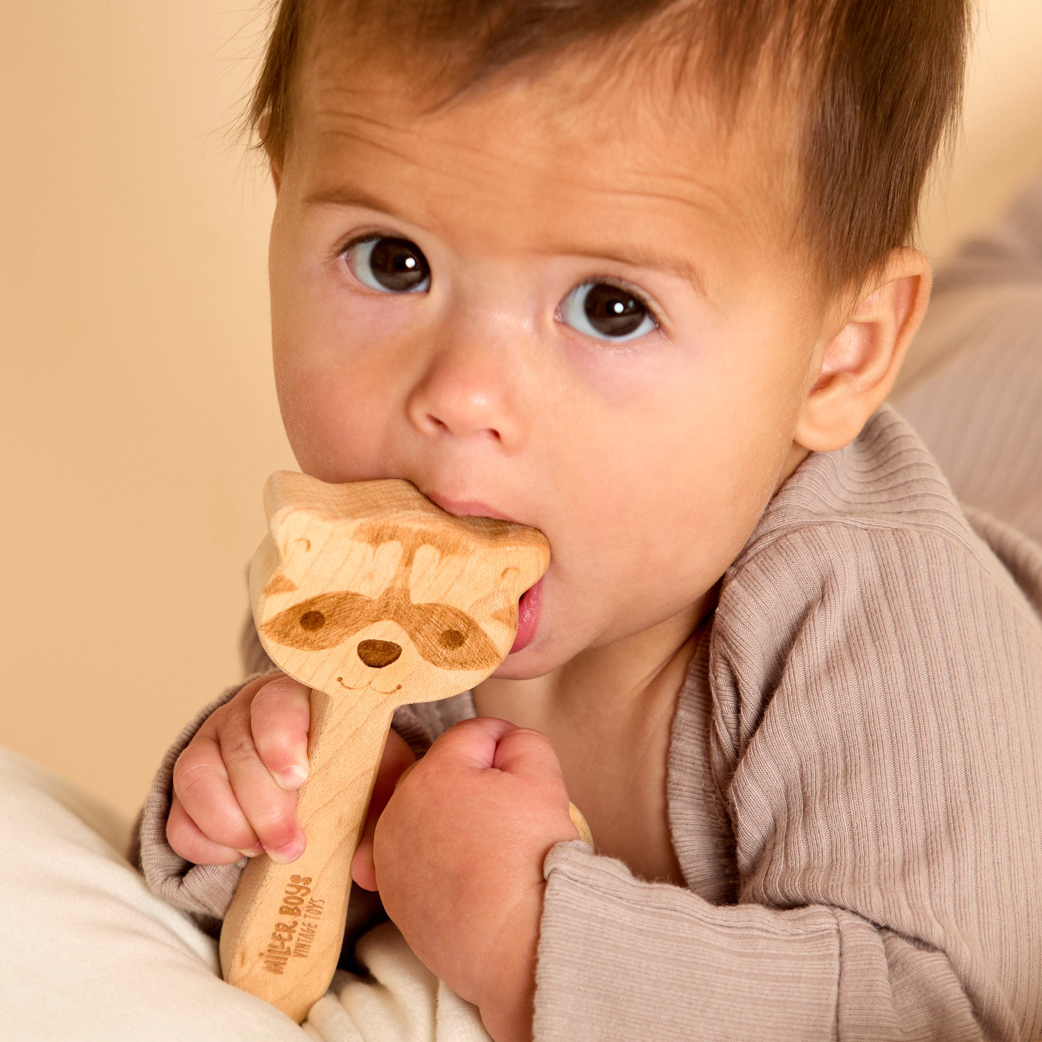 Solid Maple Wood Raccoon Baby Rattle and Teether - Natural Wooden Toy Made in the USA