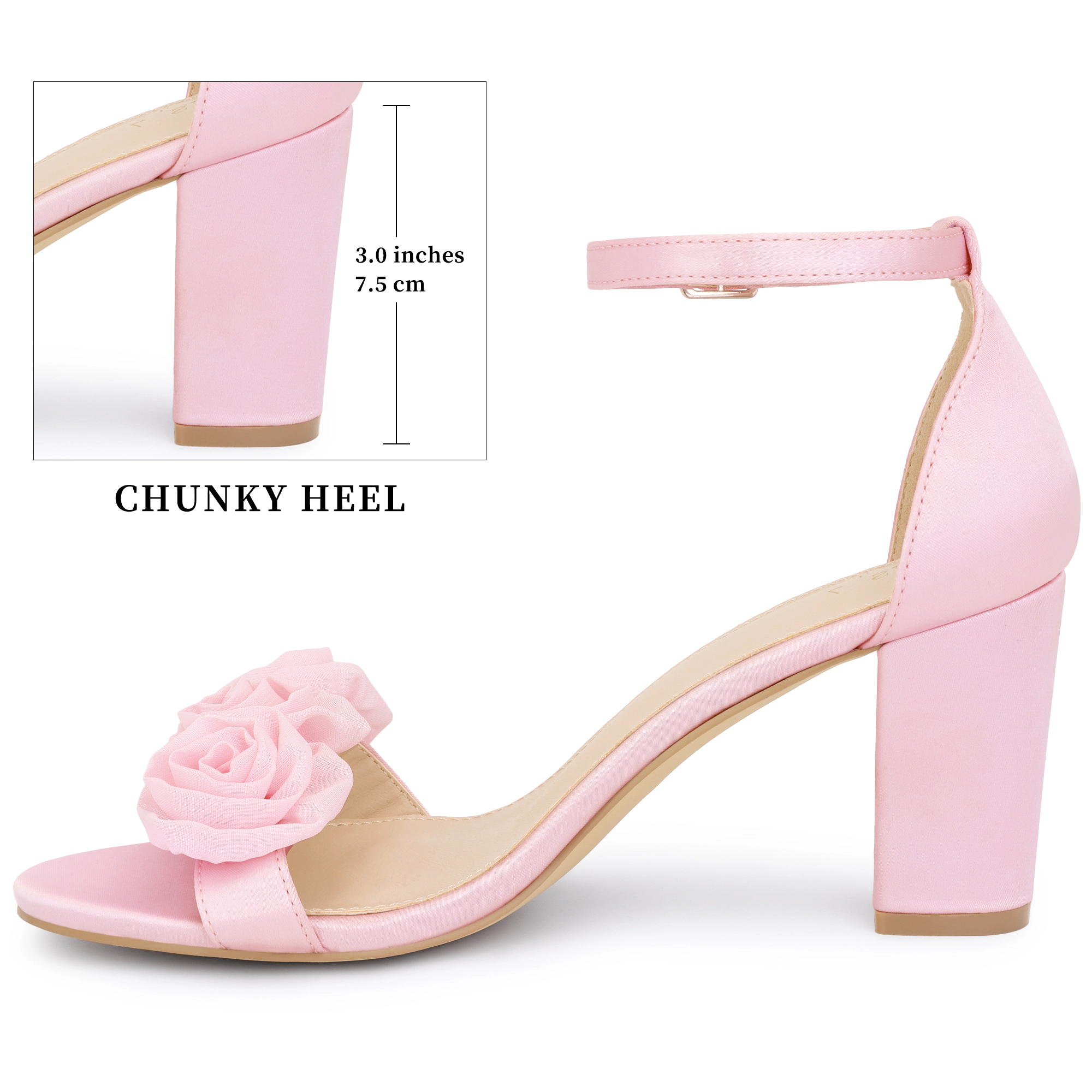BLISSFUL STEP Women's Floral Ankle Strap Chunky Heels Flowers Sandals