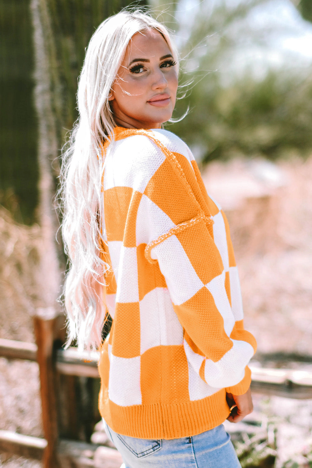 Threaded Pear Women's Ashley Checkered Bishop Sleeve Sweater