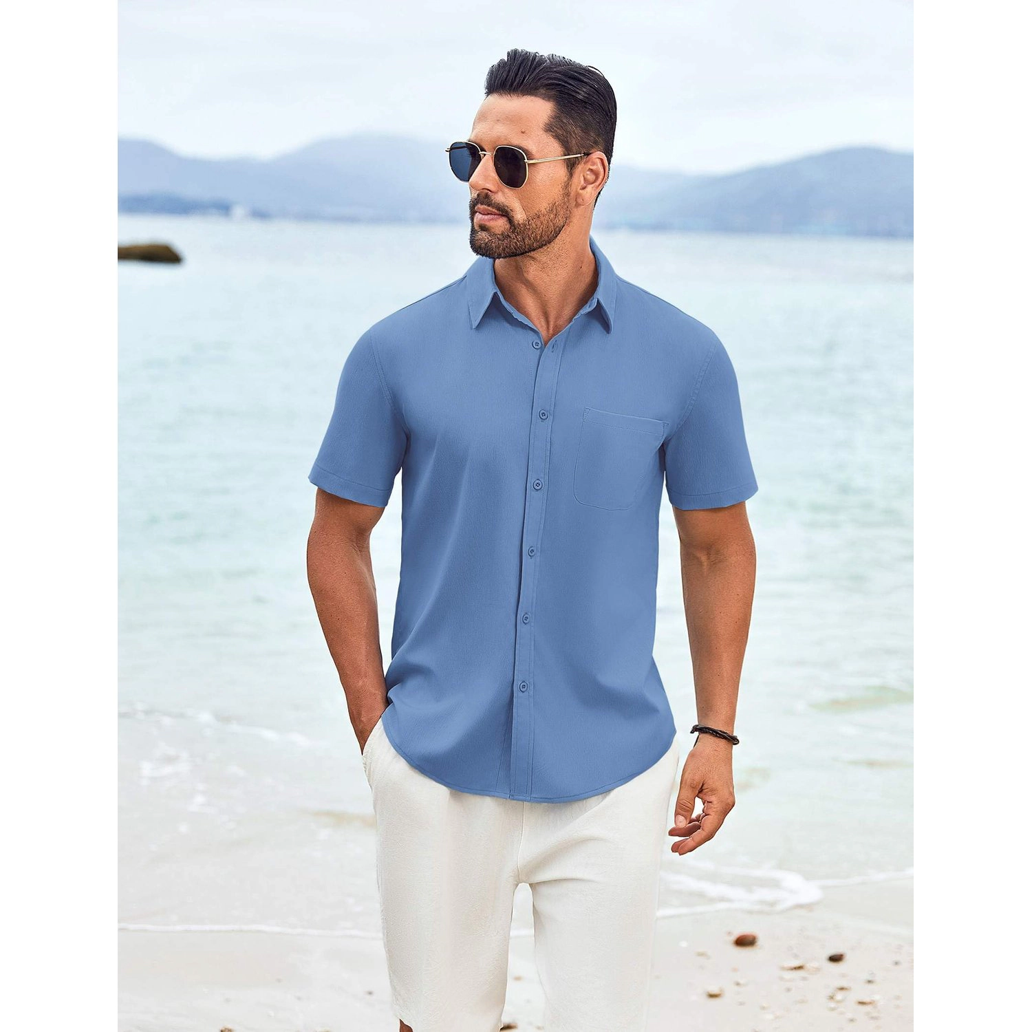 COOFANDY Mens Casual Short Sleeve Button Down Shirts  Lapel Collar Solid Tops