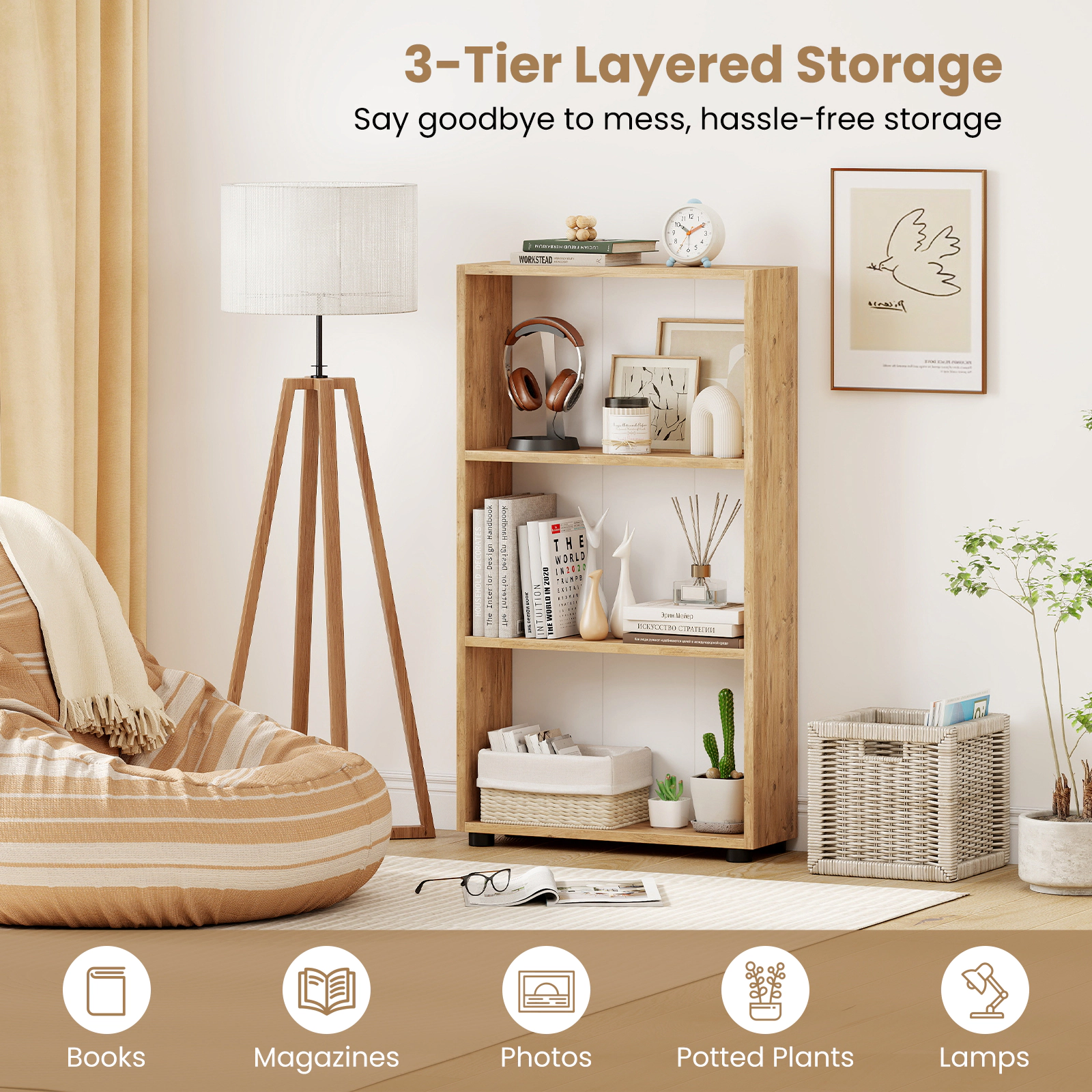 Costway 42'' Bookshelf 3-Tier Bookcase w/Anti-Tipping Kit for Living Room Home Office White