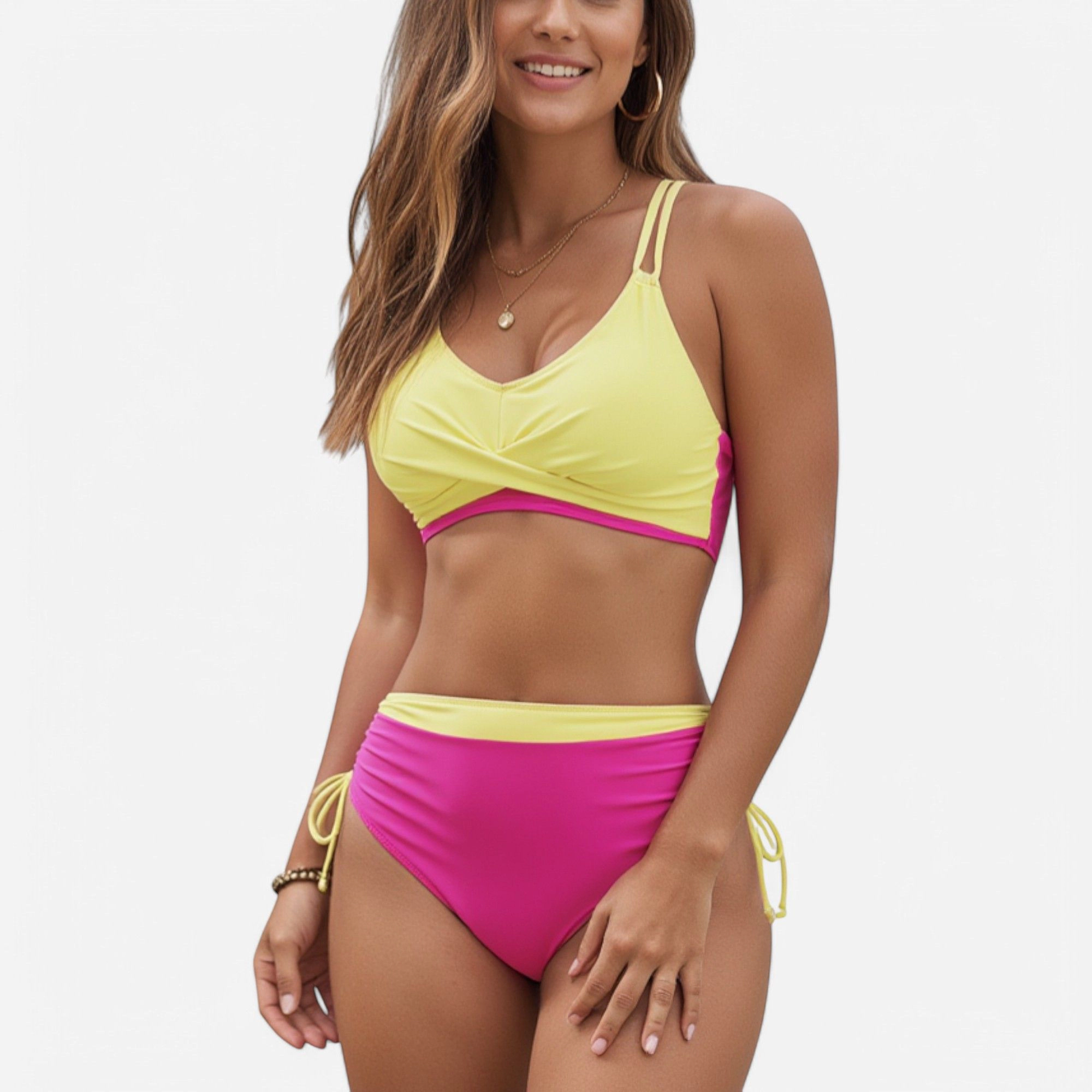 Anna-Kaci Womens Two-Tone Twist-Front Bikini Set - High-Waist Ruched Bottoms