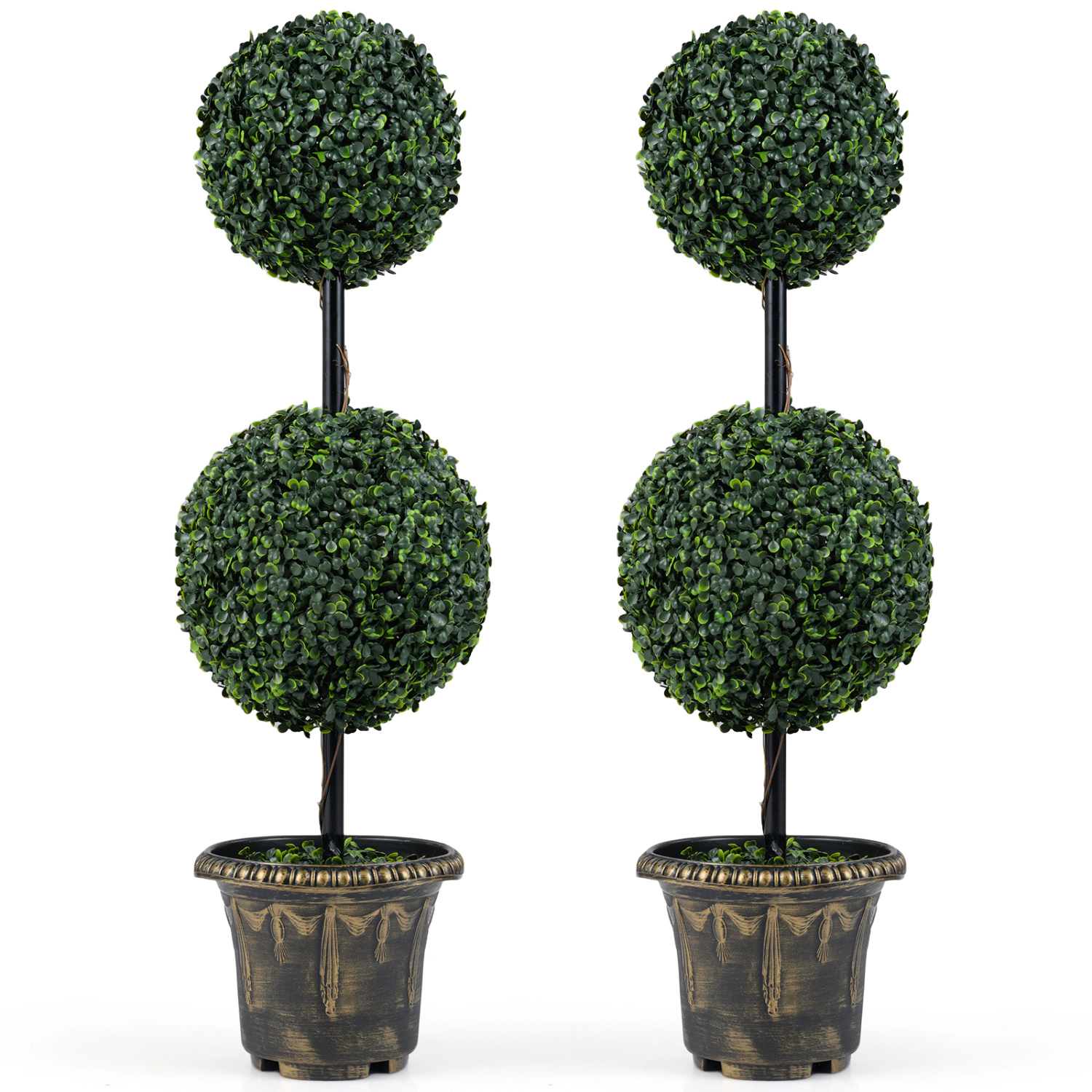 Slickblue Artificial Boxwood Topiary Tree 35in Black Gold Planter Dual Ball Faux Greenery Decor