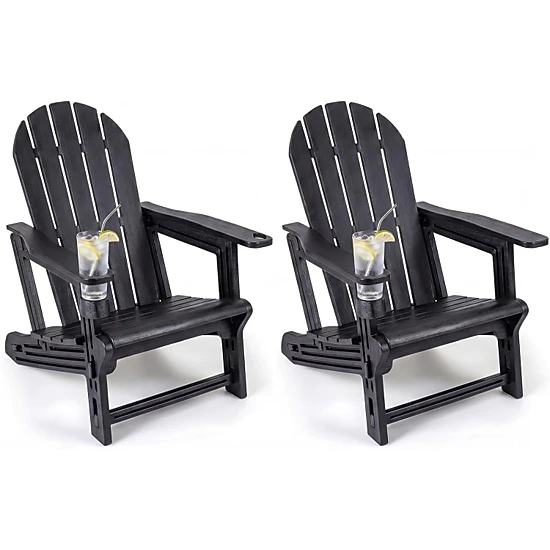 Hivvago Set Of 2 Hdpe Adirondack Chair With Cup Holder And Wooden Texture For Patio