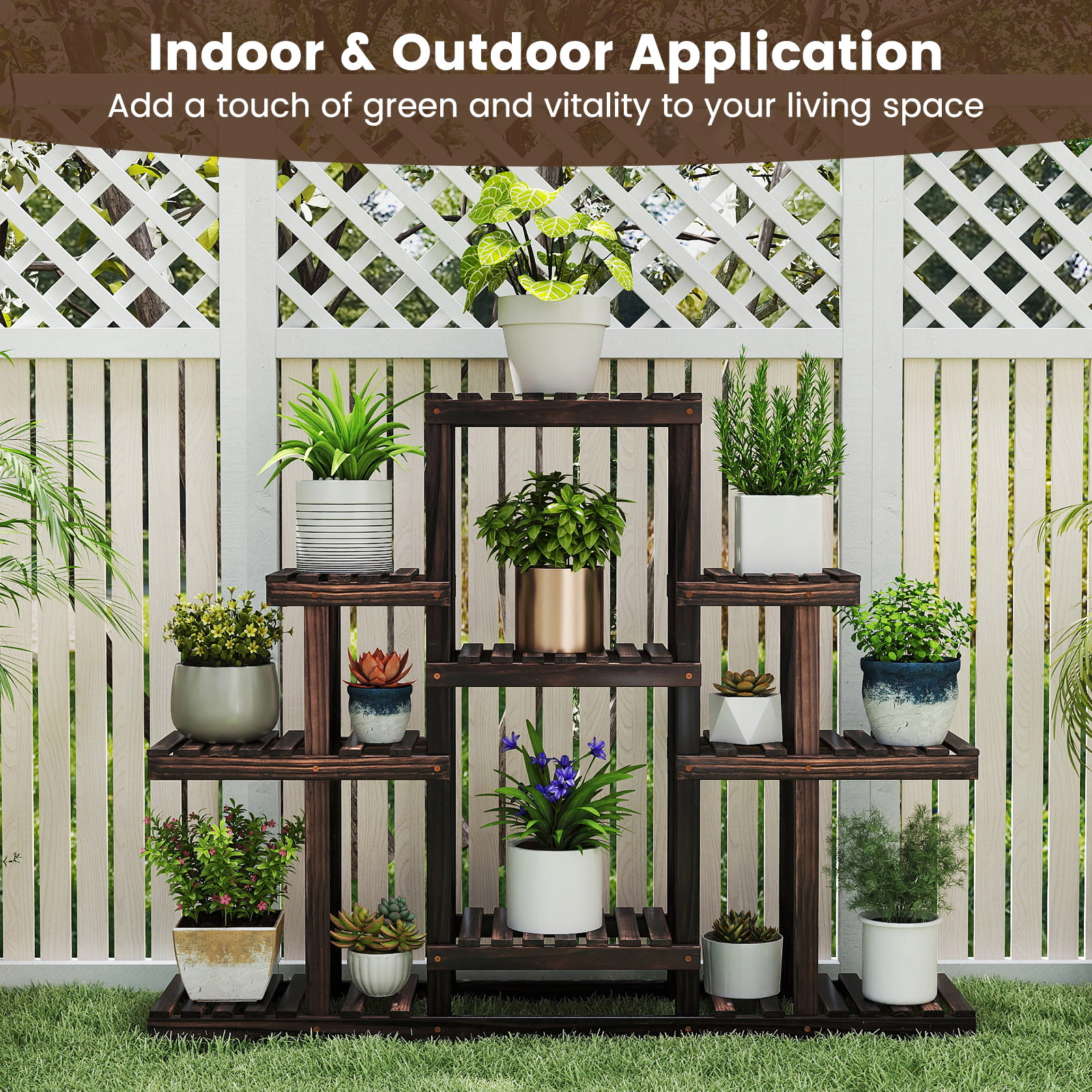 Slickblue 6 Tier Ladder Plant Stand Pine Wood Flower Rack Multi Shelf Indoor Balcony Garden