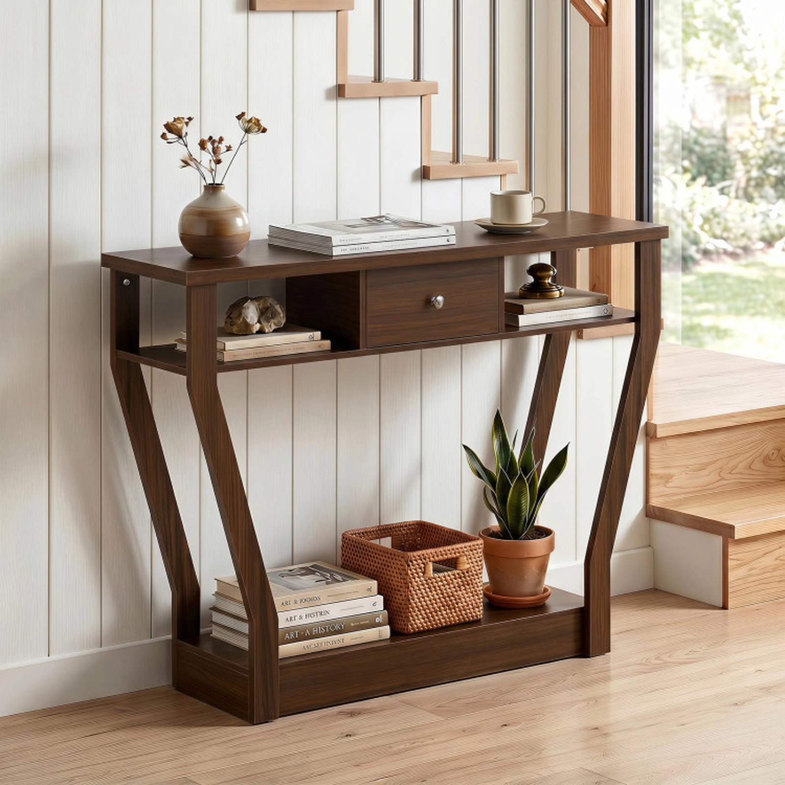 SUGIFT Angled Legs Center Drawer Open Cubbies Hall Console Table 43-in x 12-in x 32-in 66-lb Capacity Walnut