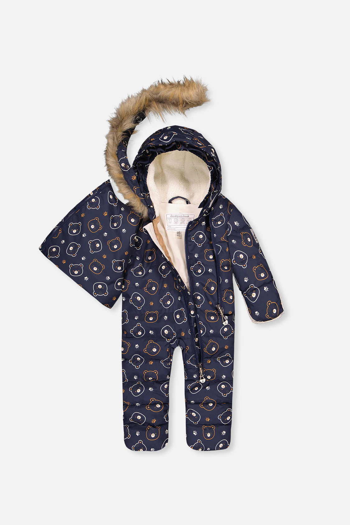 Deux par Deux Girls Snug Teddy Bear Print One Piece Snowsuit Adapted for Car Seats with Faux Fur-Trimmed Hood